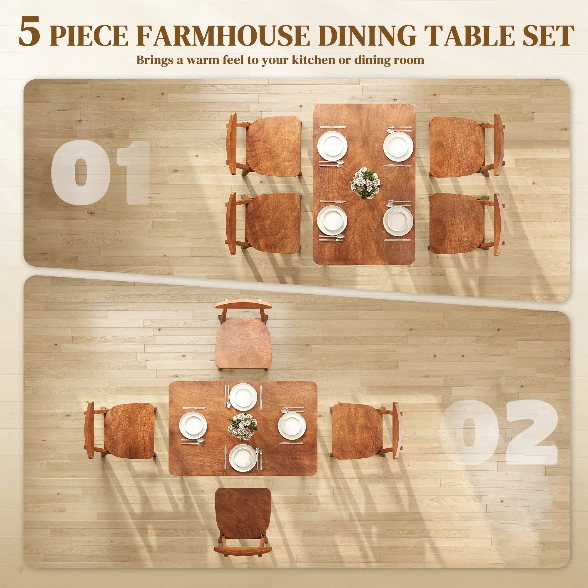 5-Piece Solid Wood Dining Table Set for 4, Farmhouse Kitchen Table and Chairs, Walnut - Image 6