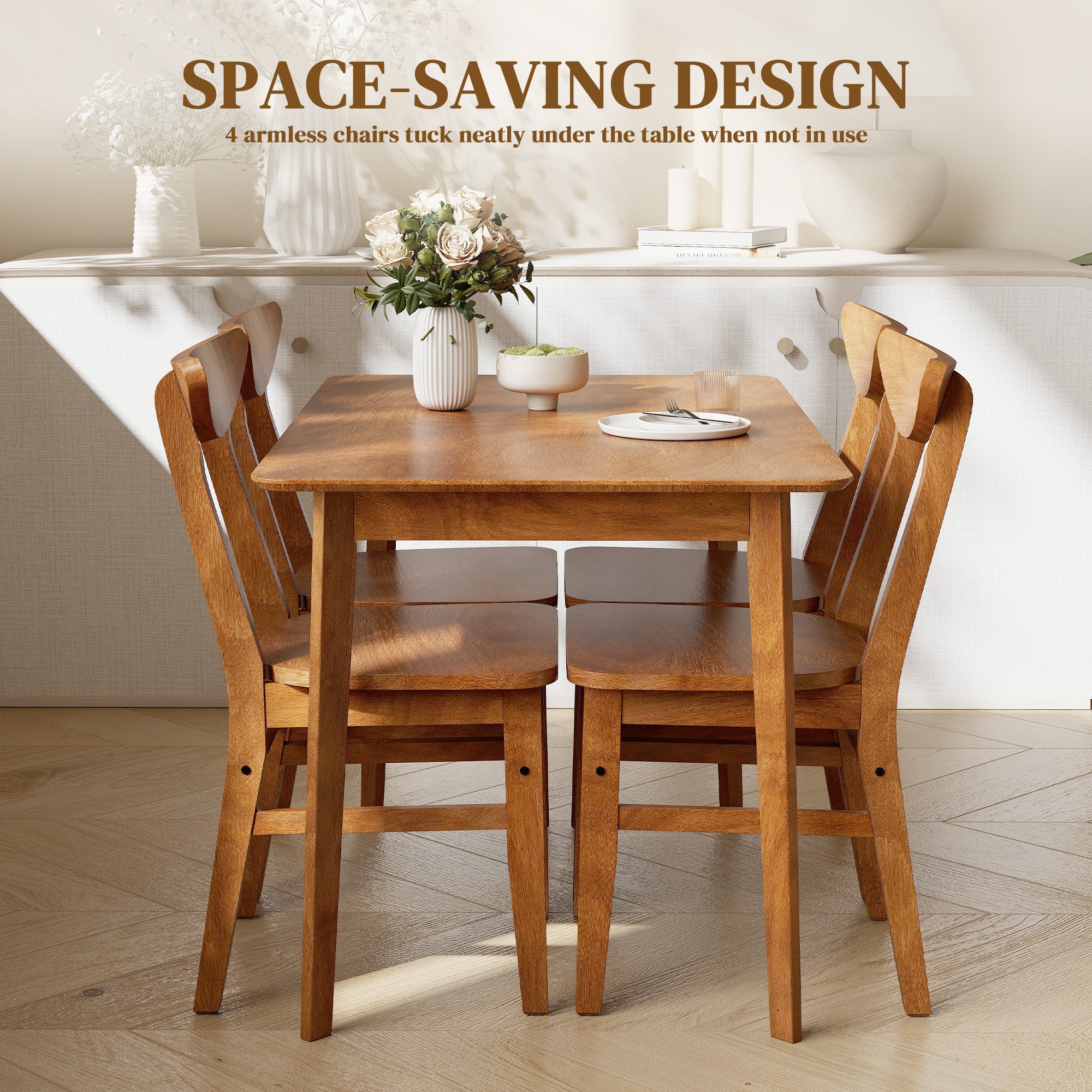 5-Piece Solid Wood Dining Table Set for 4, Farmhouse Kitchen Table and Chairs, Walnut - Image 9