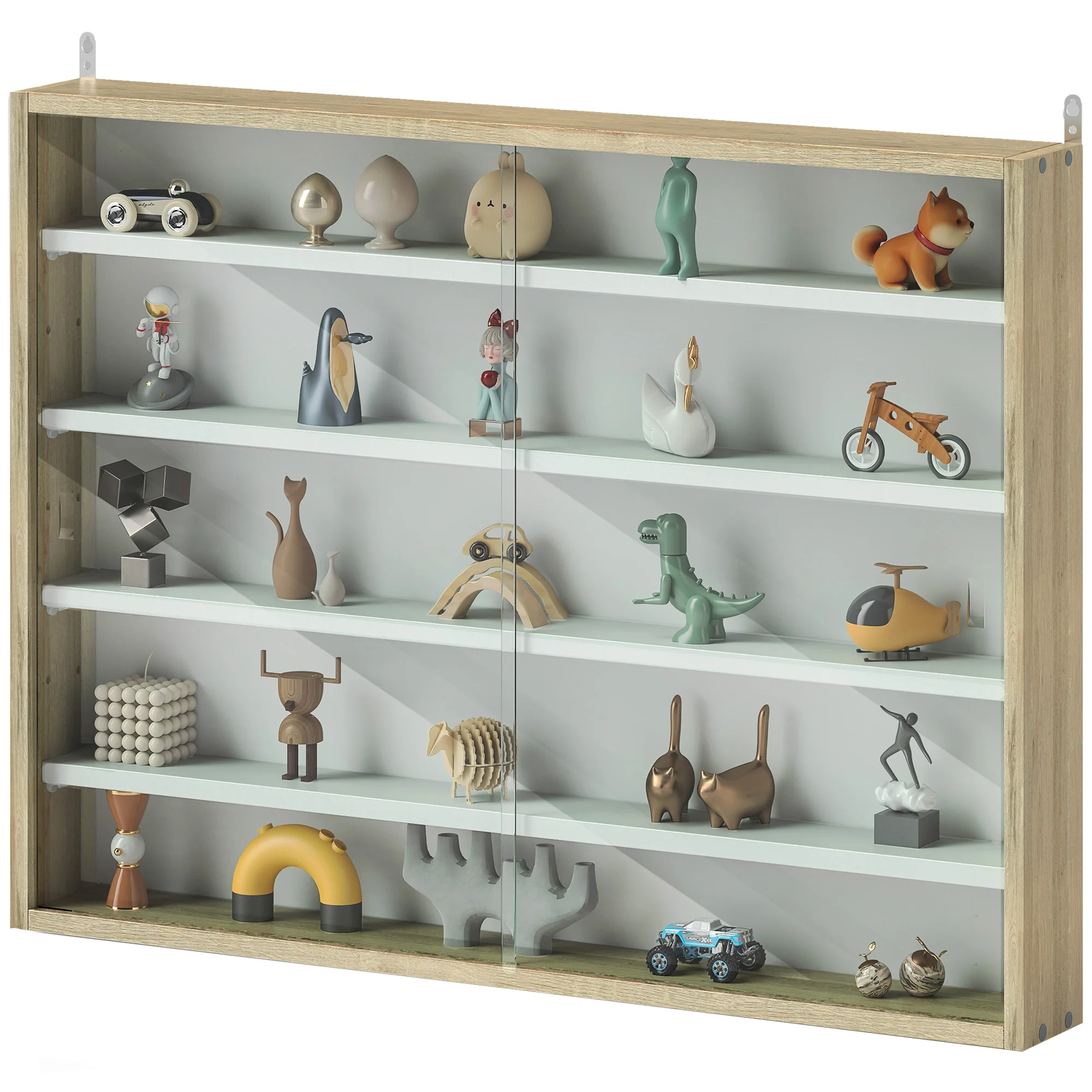 5-Tier Display Cabinet, Wall-Mounted Cabinet with Glass Door & Adjustable Shelves, Oak - Image 13