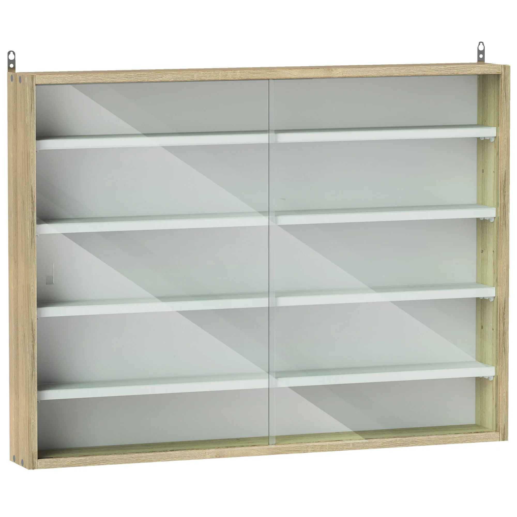 5-Tier Display Cabinet, Wall-Mounted Cabinet with Glass Door & Adjustable Shelves, Oak - Image 14