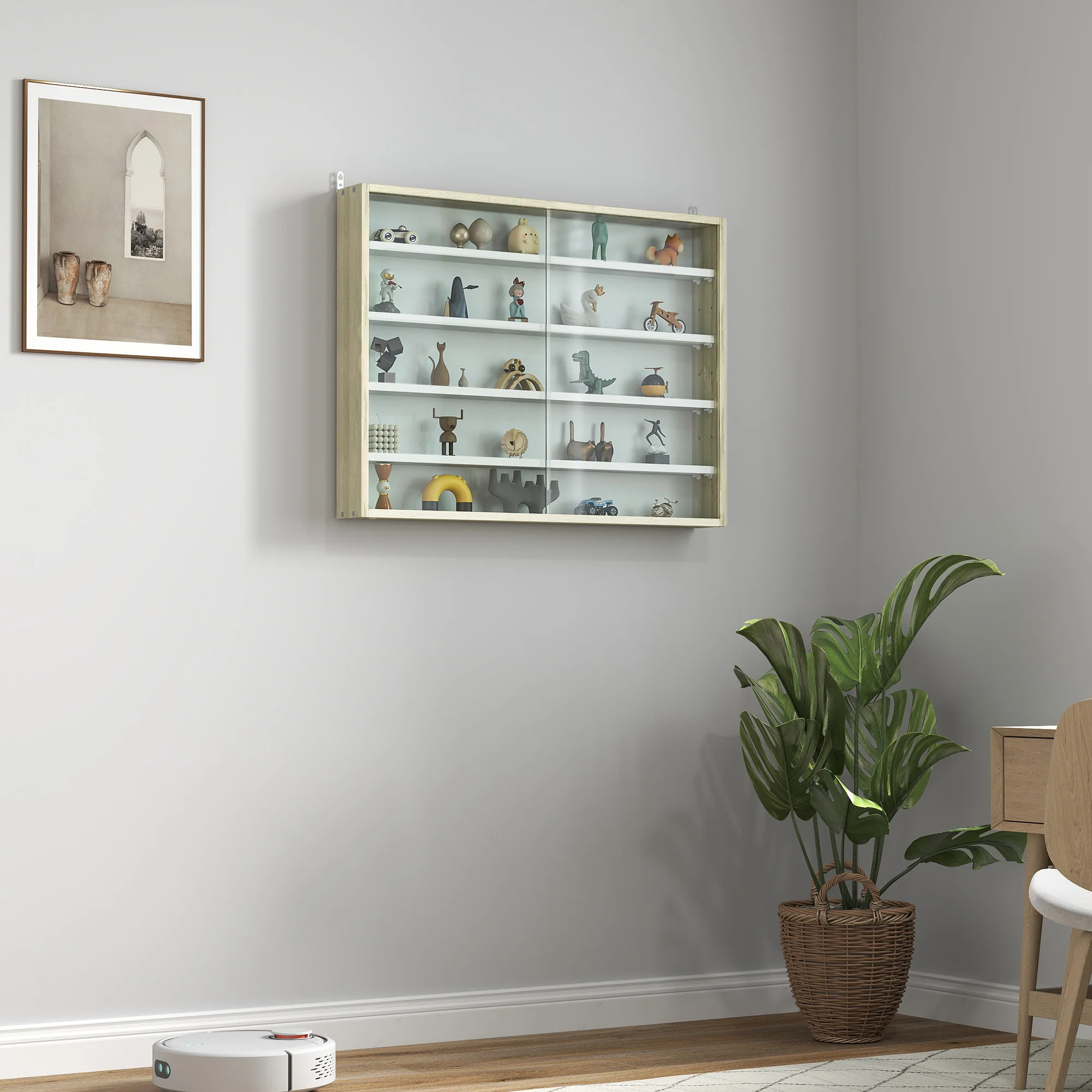 5-Tier Display Cabinet, Wall-Mounted Cabinet with Glass Door & Adjustable Shelves, Oak - Image 3