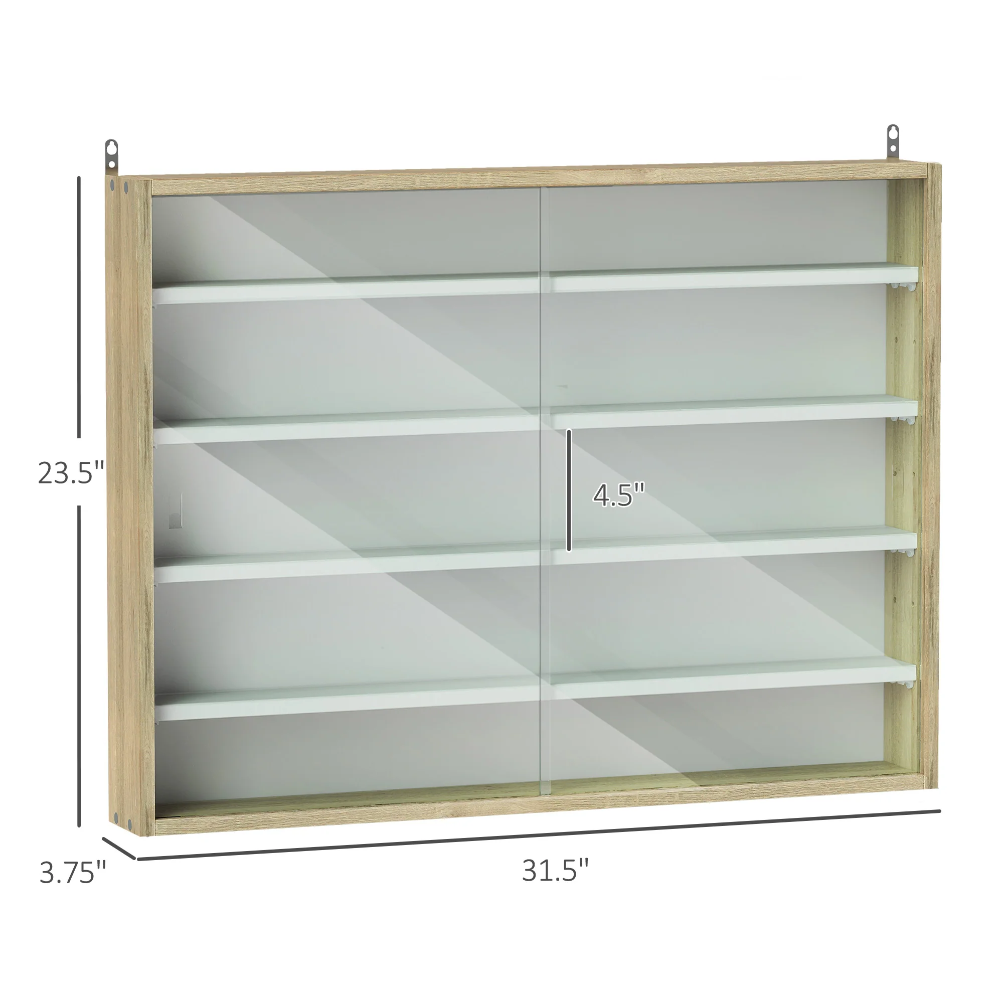 5-Tier Display Cabinet, Wall-Mounted Cabinet with Glass Door & Adjustable Shelves, Oak - Image 4