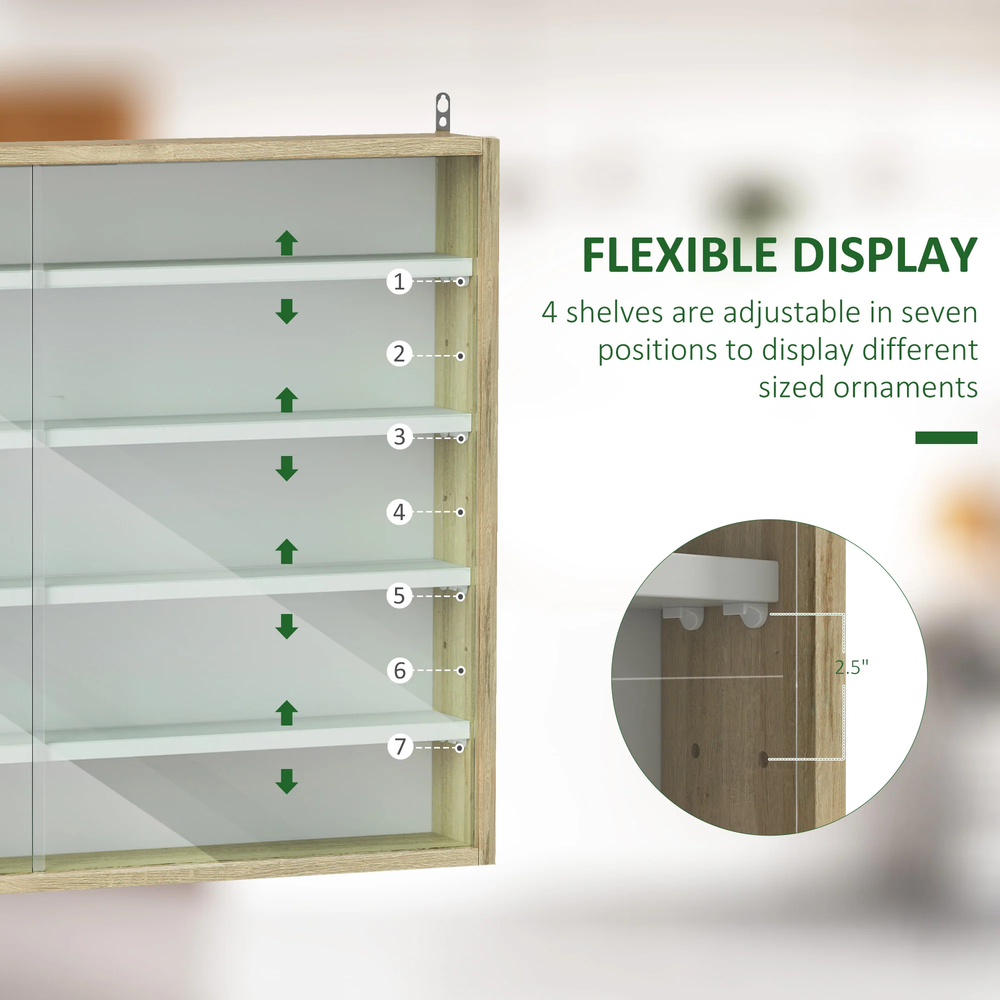 5-Tier Display Cabinet, Wall-Mounted Cabinet with Glass Door & Adjustable Shelves, Oak - Image 5