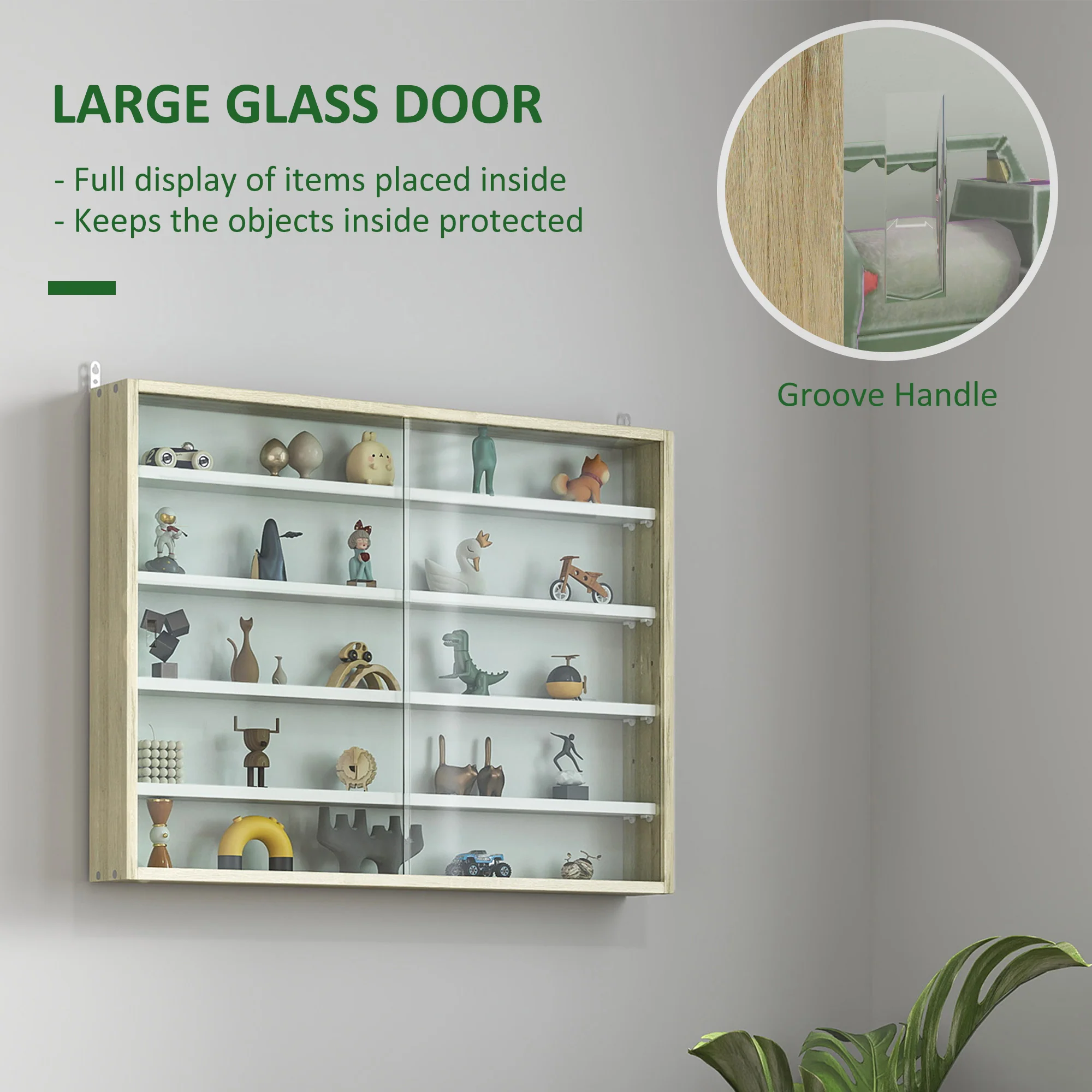 5-Tier Display Cabinet, Wall-Mounted Cabinet with Glass Door & Adjustable Shelves, Oak - Image 6