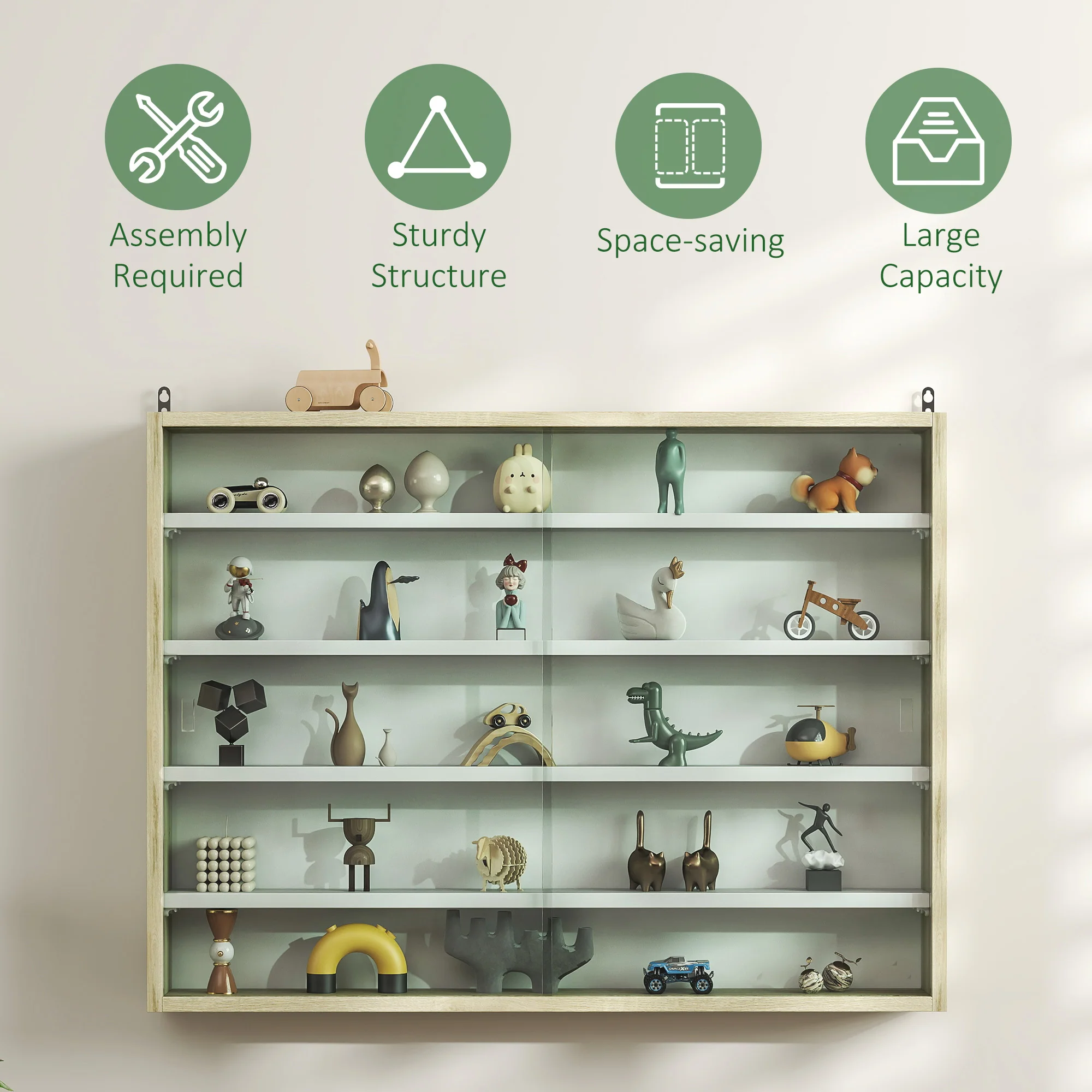 5-Tier Display Cabinet, Wall-Mounted Cabinet with Glass Door & Adjustable Shelves, Oak - Image 7