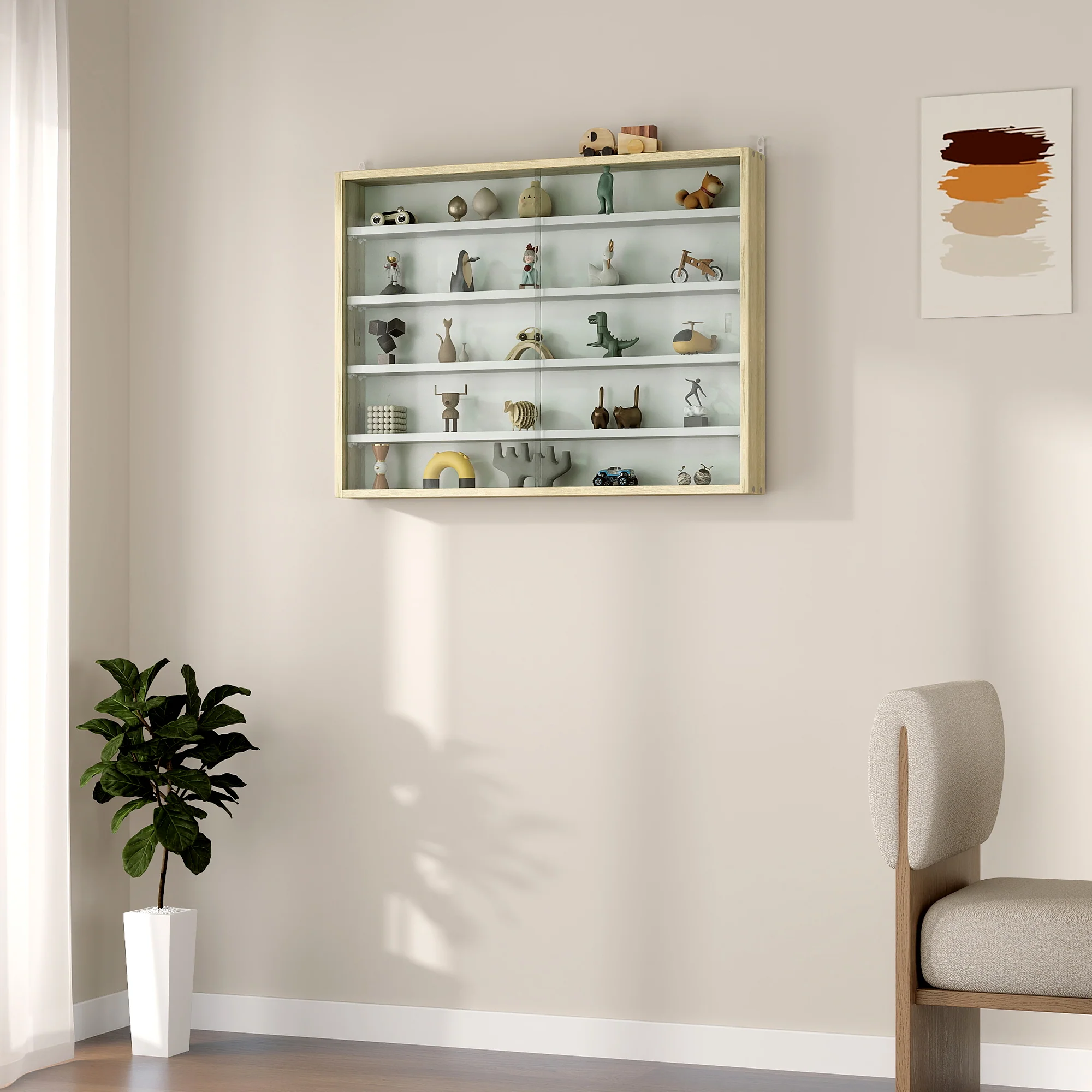 5-Tier Display Cabinet, Wall-Mounted Cabinet with Glass Door & Adjustable Shelves, Oak - Image 8