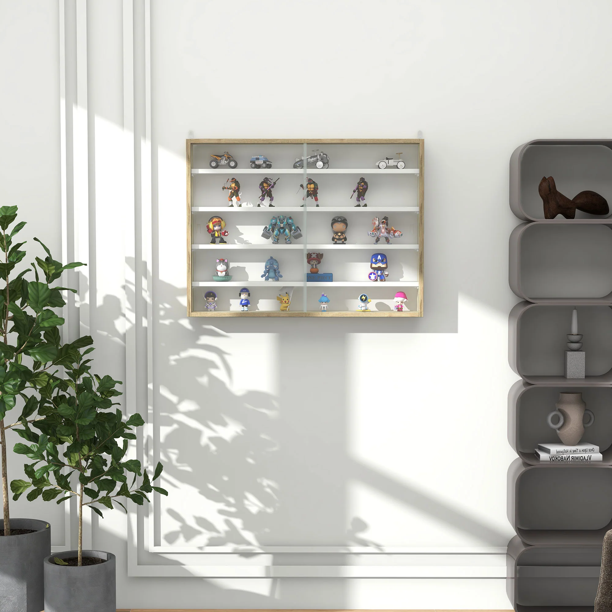 5-Tier Display Cabinet, Wall-Mounted Cabinet with Glass Door & Adjustable Shelves, Oak - Image 9