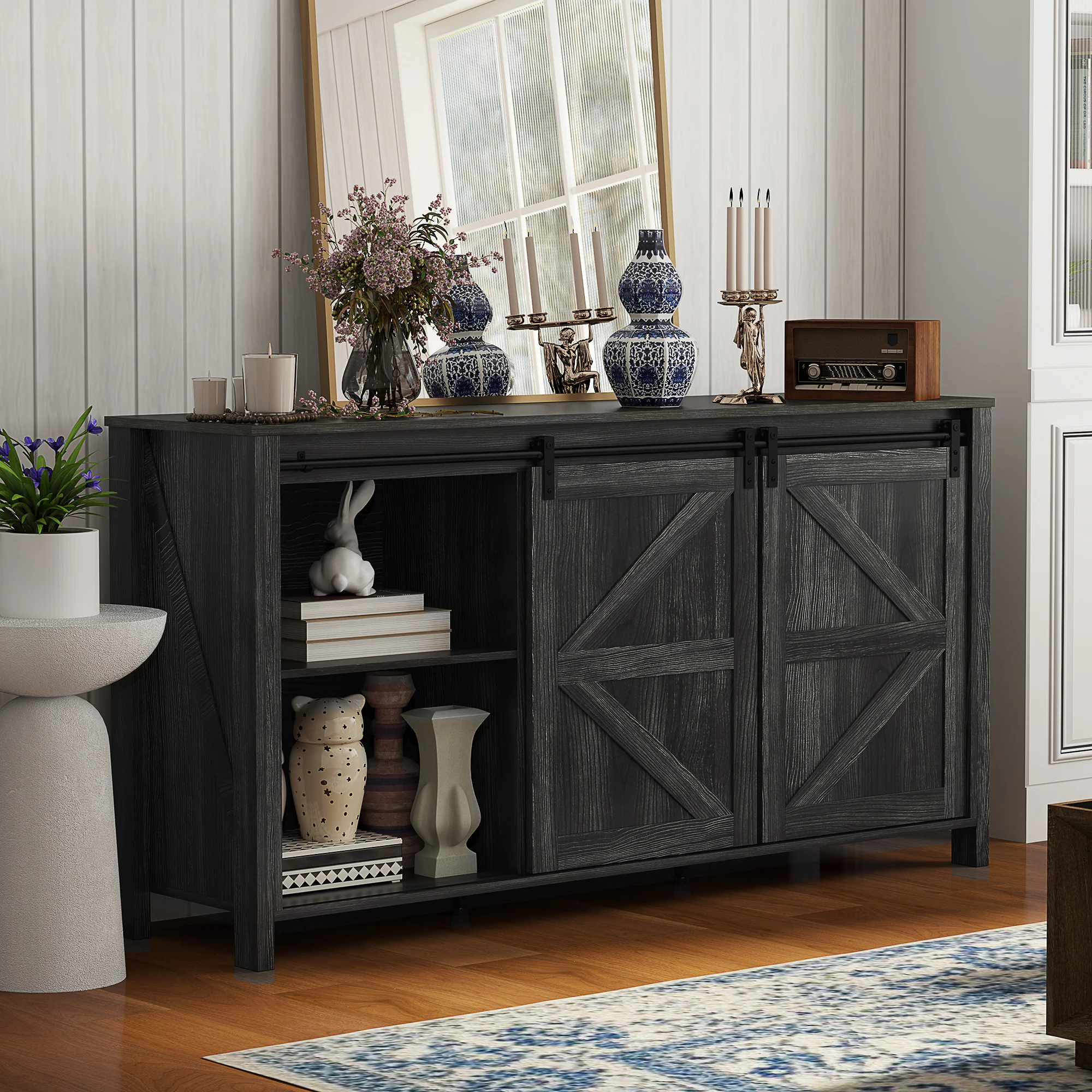 60" Sideboard Buffet Cabinet w/ 2 Barn Doors, 4 Drawers & 2 Adjustable Shelves,  Dark Grey - Image 10
