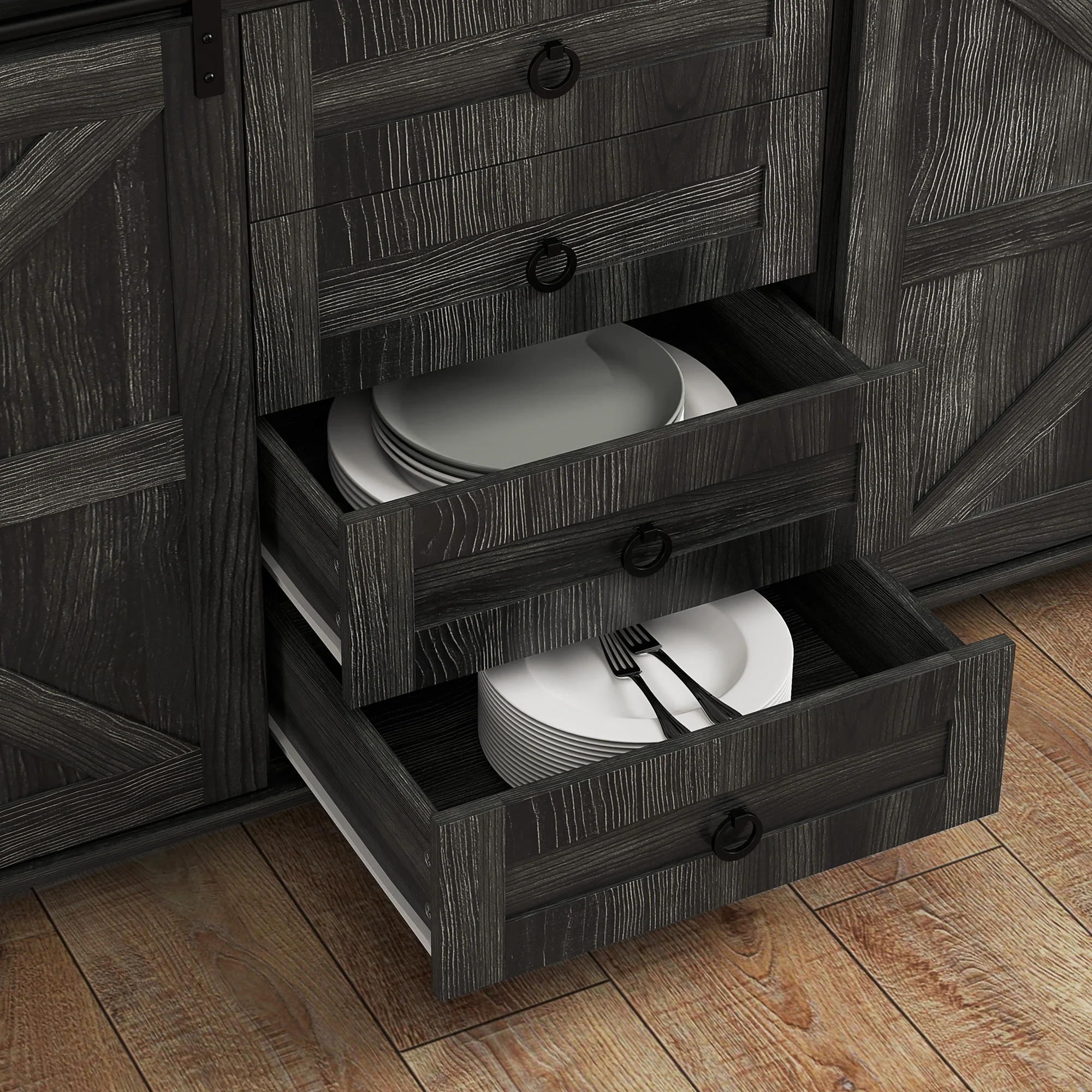 60" Sideboard Buffet Cabinet w/ 2 Barn Doors, 4 Drawers & 2 Adjustable Shelves,  Dark Grey - Image 11