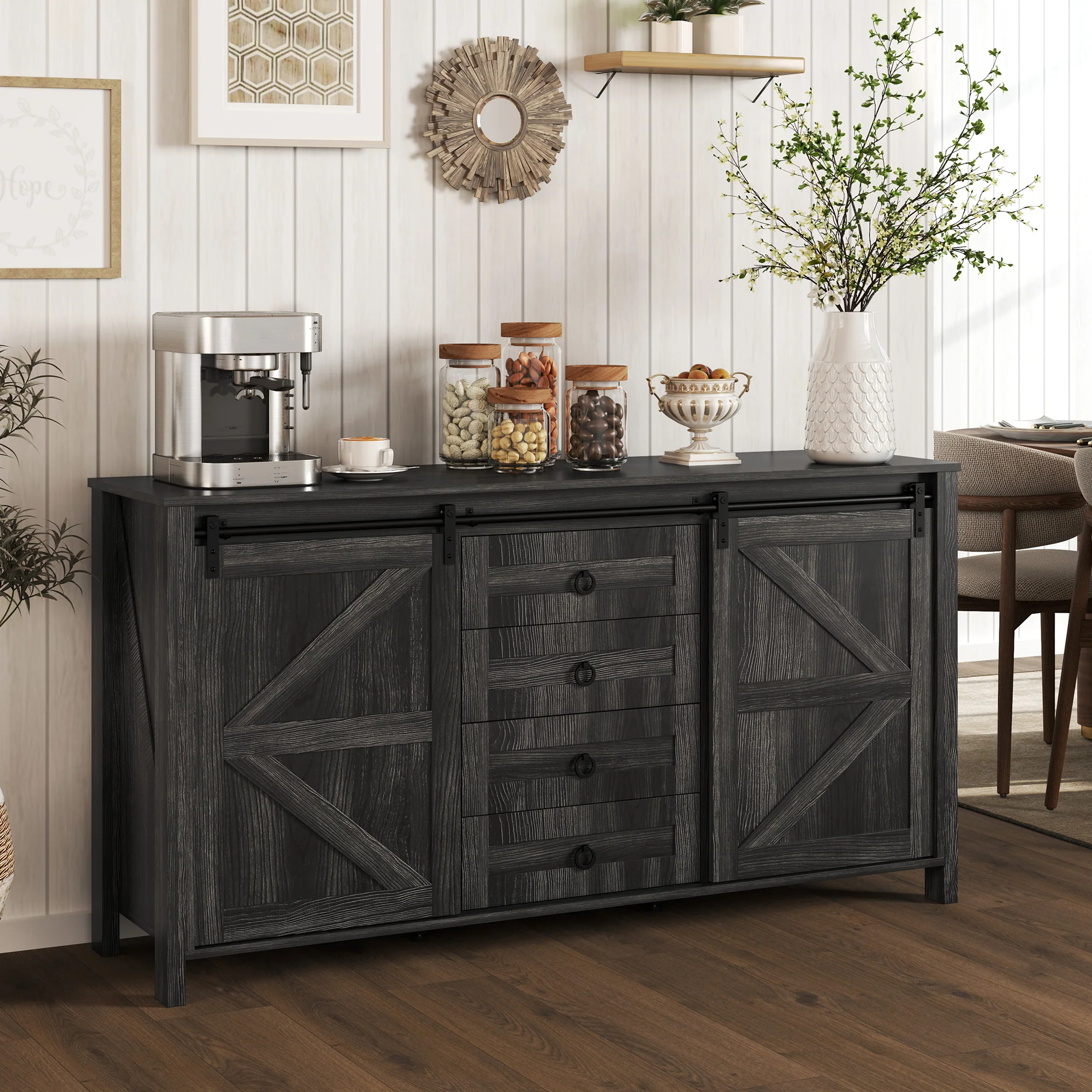 60" Sideboard Buffet Cabinet w/ 2 Barn Doors, 4 Drawers & 2 Adjustable Shelves,  Dark Grey - Image 3