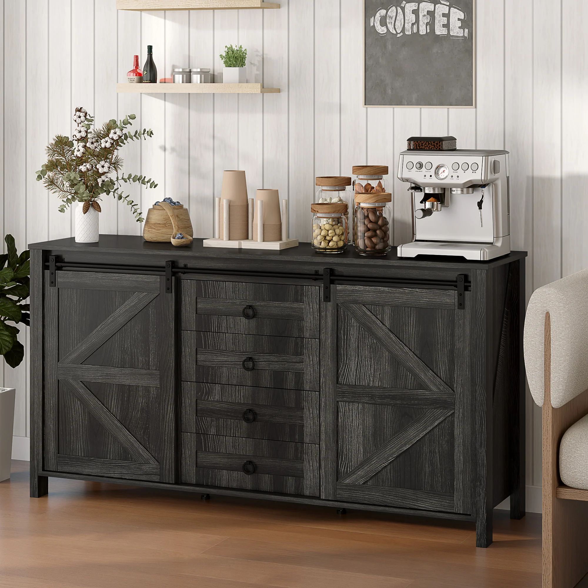 60" Sideboard Buffet Cabinet w/ 2 Barn Doors, 4 Drawers & 2 Adjustable Shelves,  Dark Grey - Image 4