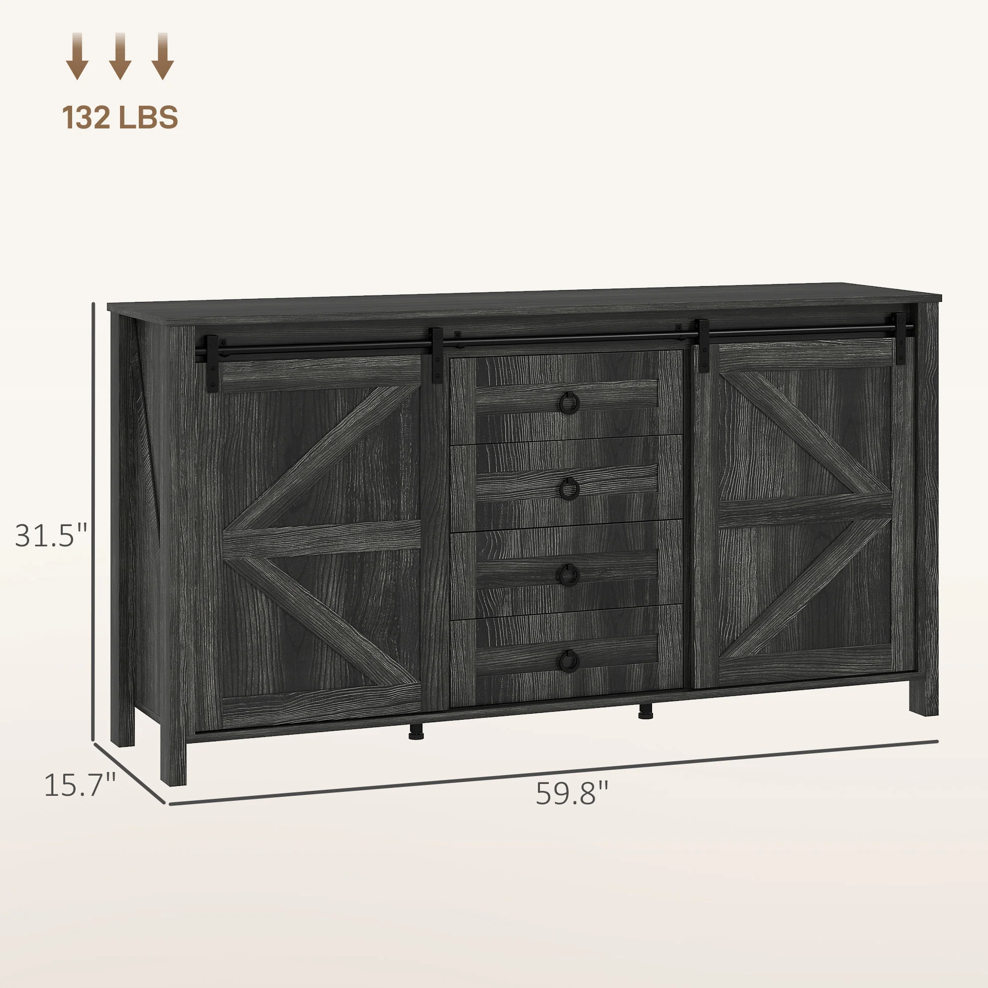 60" Sideboard Buffet Cabinet w/ 2 Barn Doors, 4 Drawers & 2 Adjustable Shelves,  Dark Grey - Image 5