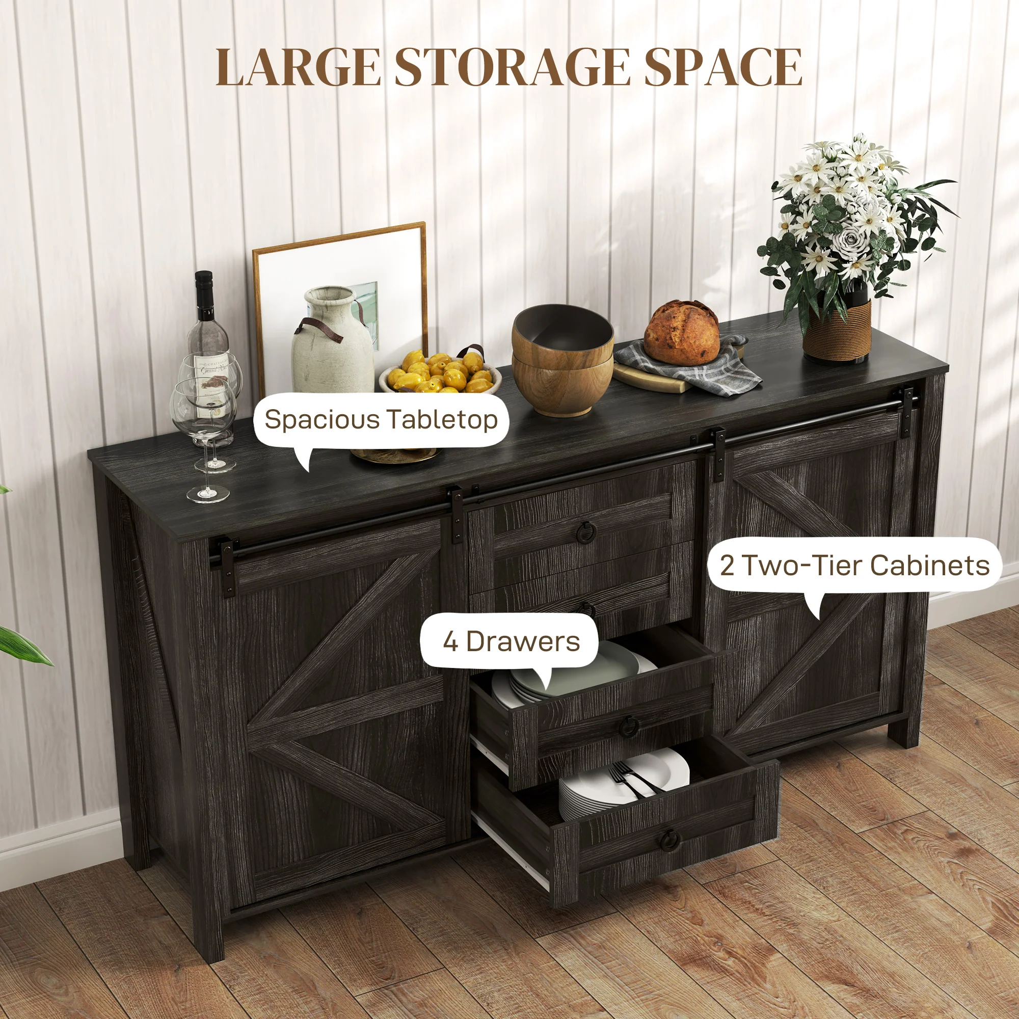 60" Sideboard Buffet Cabinet w/ 2 Barn Doors, 4 Drawers & 2 Adjustable Shelves,  Dark Grey - Image 7