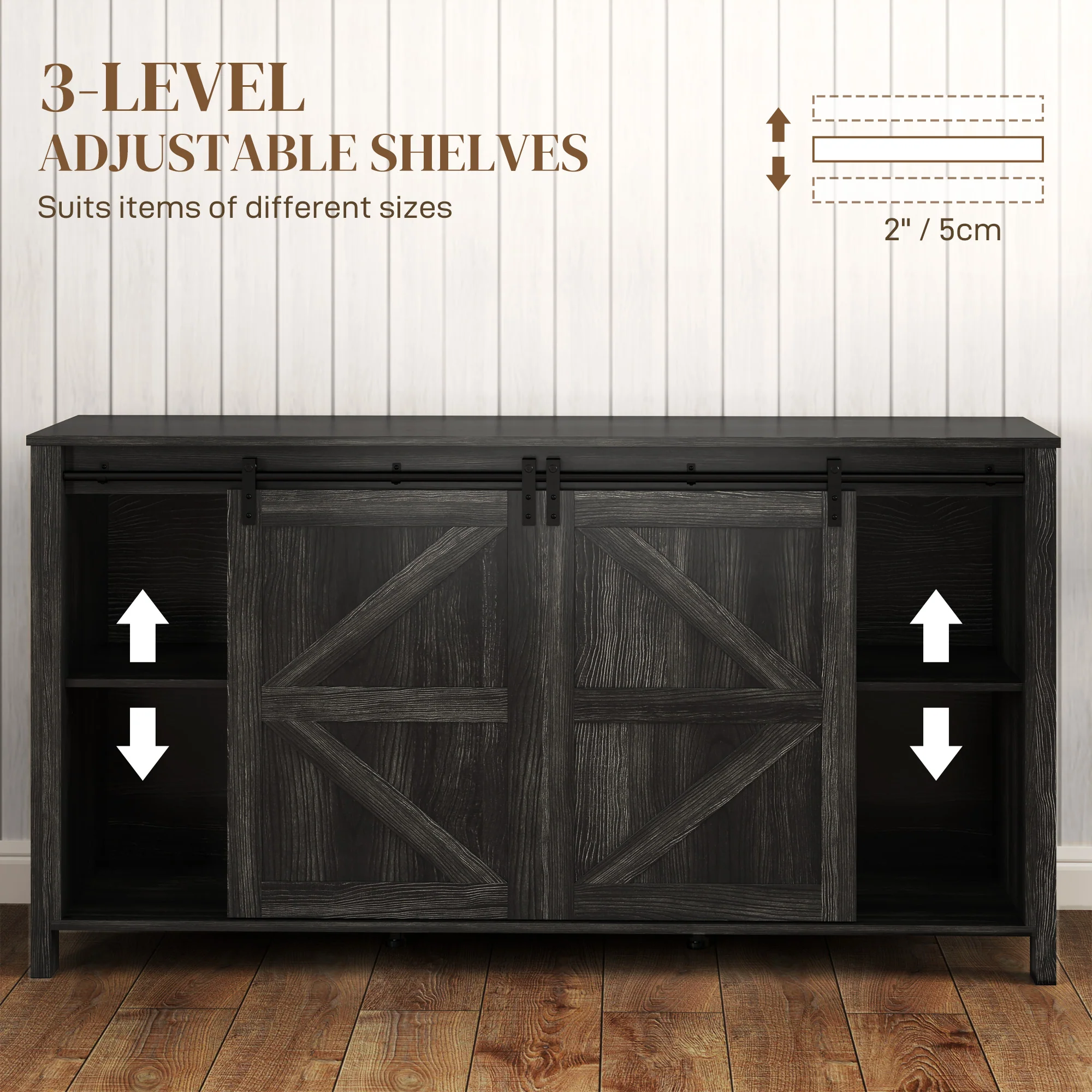 60" Sideboard Buffet Cabinet w/ 2 Barn Doors, 4 Drawers & 2 Adjustable Shelves,  Dark Grey - Image 8