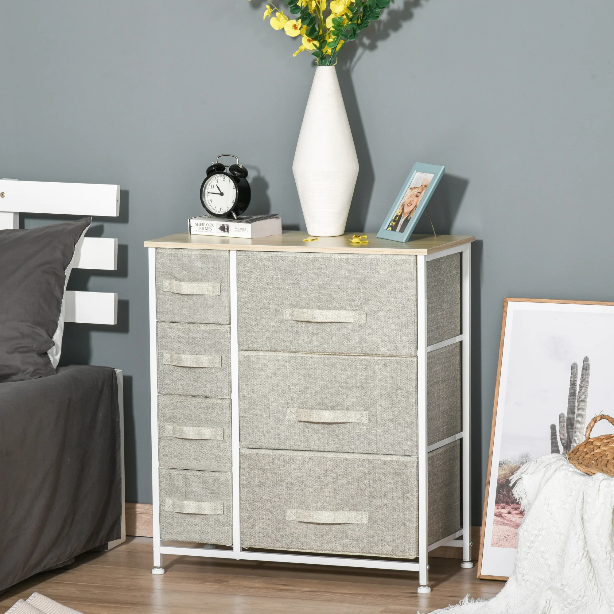 7-Drawer Dresser Storage Tower Cabinet Organizer Unit, Easy Pull Fabric Bins, Light Gray - Image 3