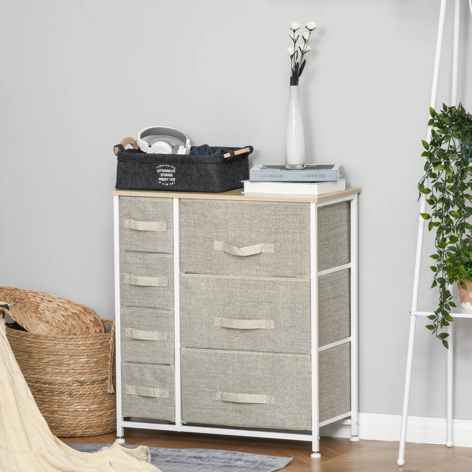 7-Drawer Dresser Storage Tower Cabinet Organizer Unit, Easy Pull Fabric Bins, Light Gray - Image 4