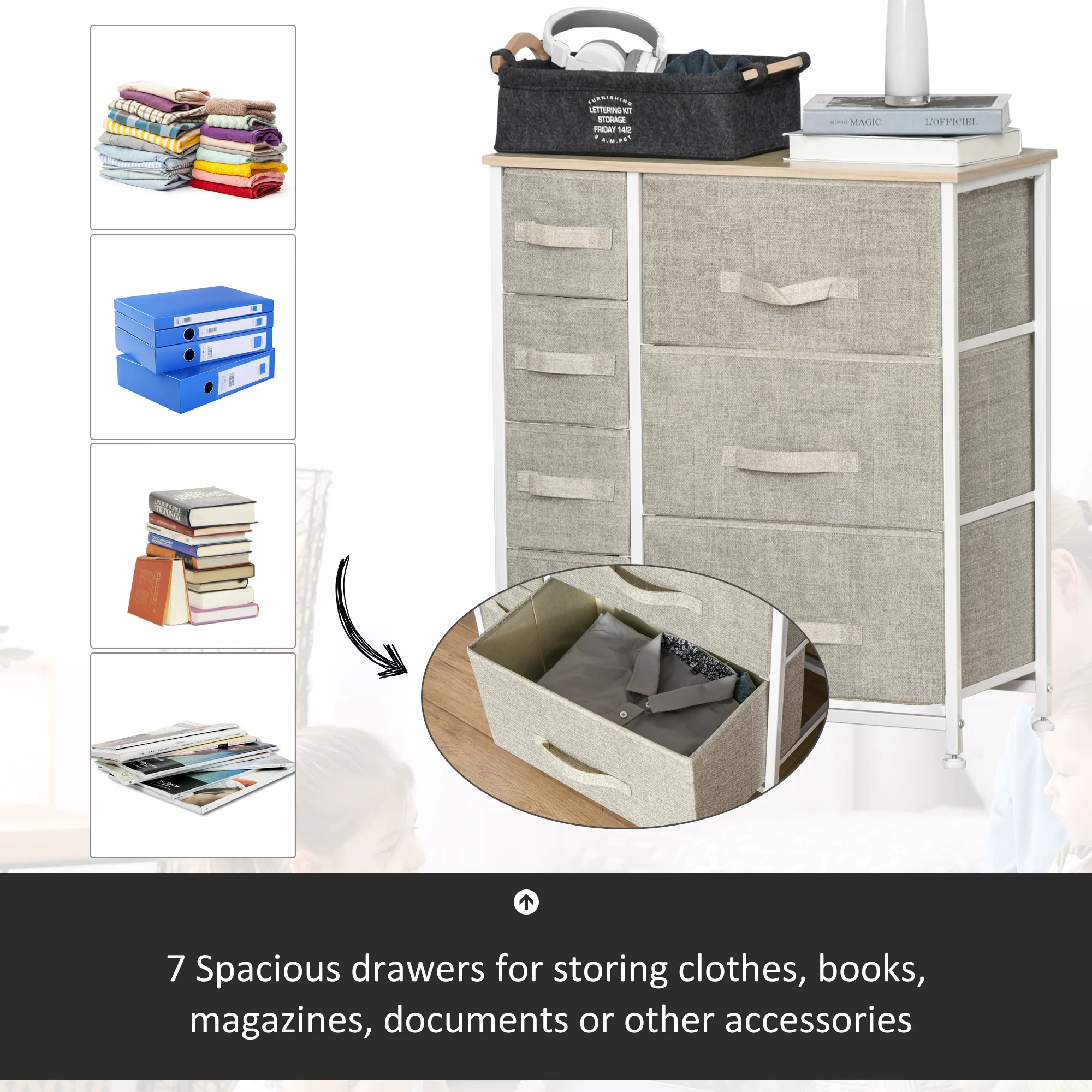 7-Drawer Dresser Storage Tower Cabinet Organizer Unit, Easy Pull Fabric Bins, Light Gray - Image 6