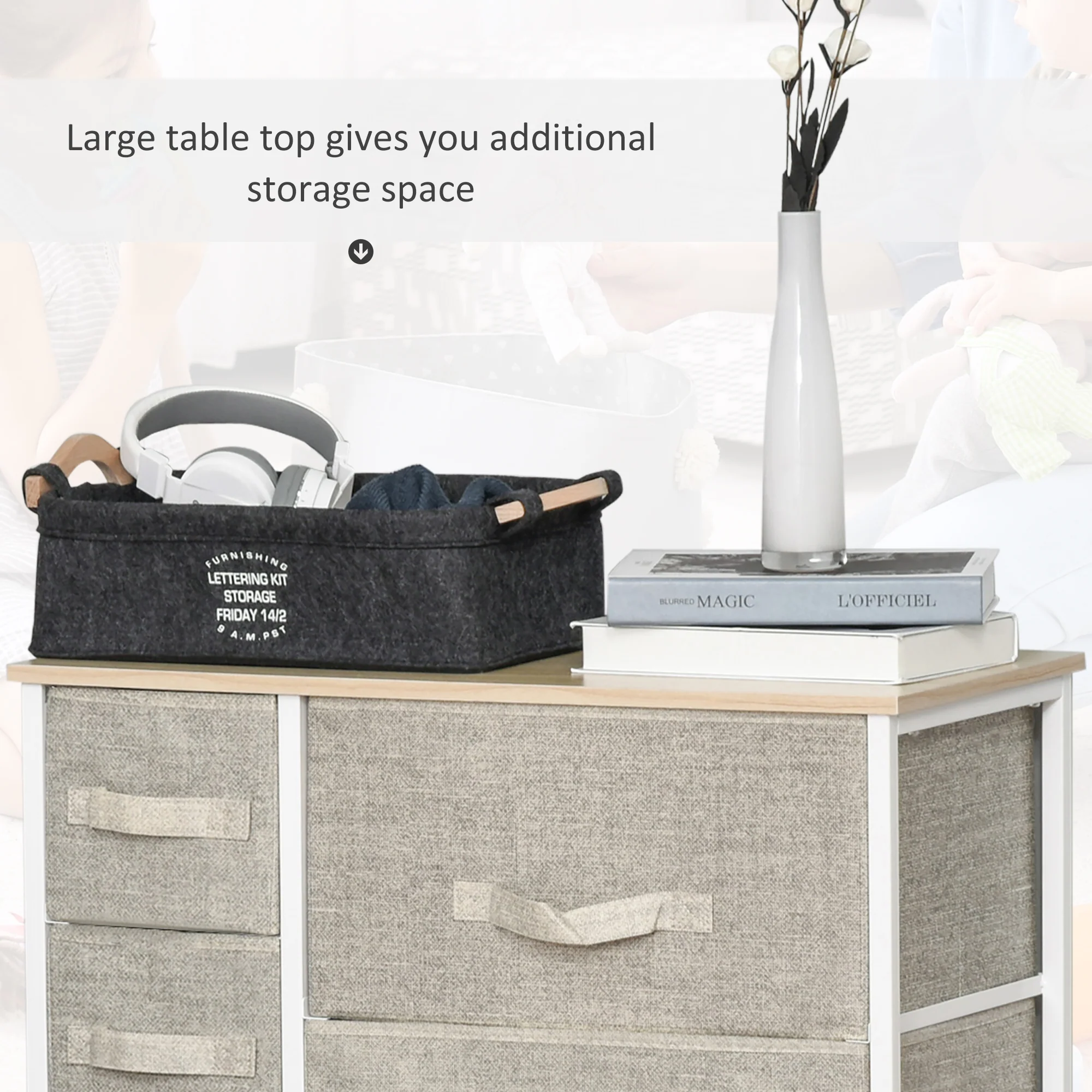 7-Drawer Dresser Storage Tower Cabinet Organizer Unit, Easy Pull Fabric Bins, Light Gray - Image 7