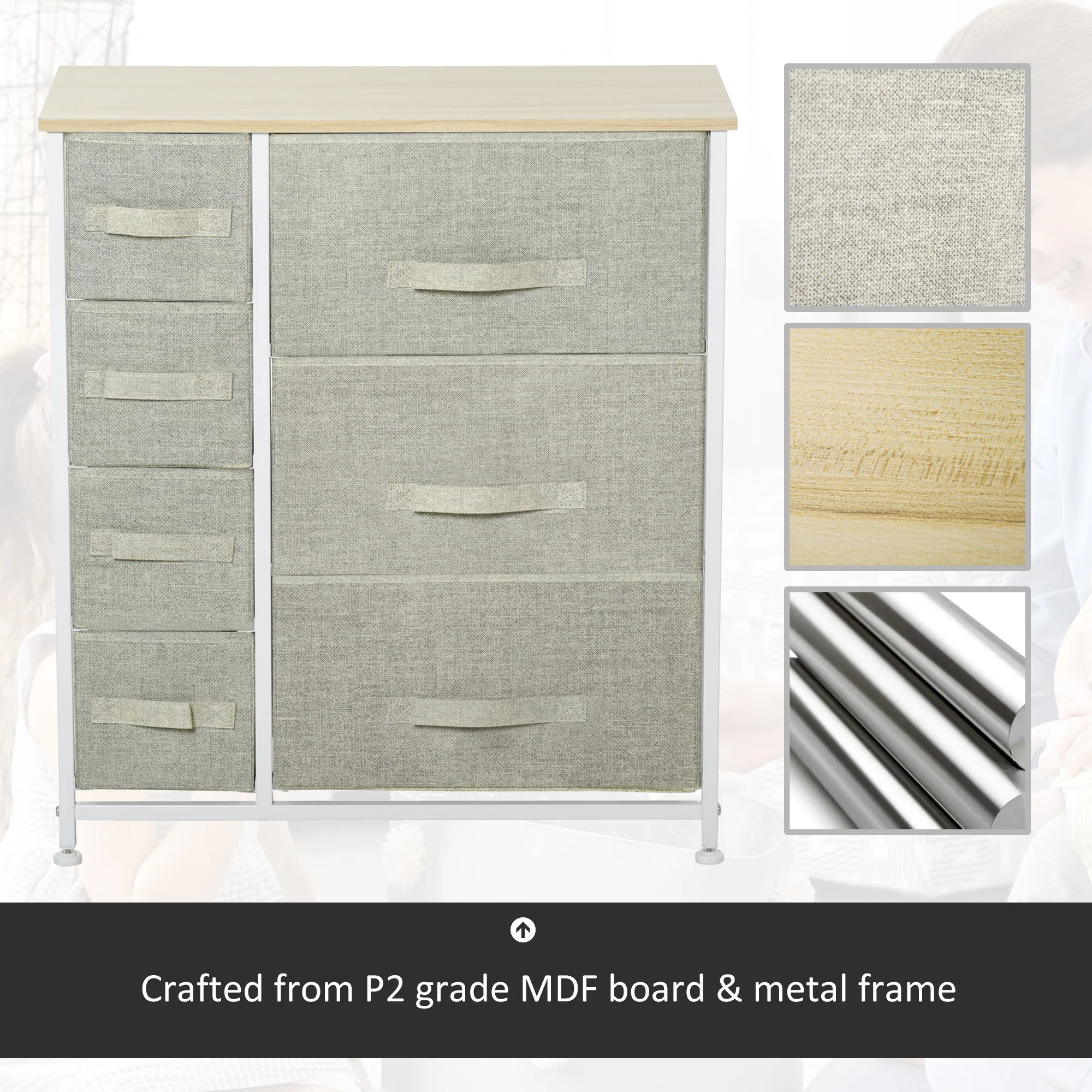 7-Drawer Dresser Storage Tower Cabinet Organizer Unit, Easy Pull Fabric Bins, Light Gray - Image 9
