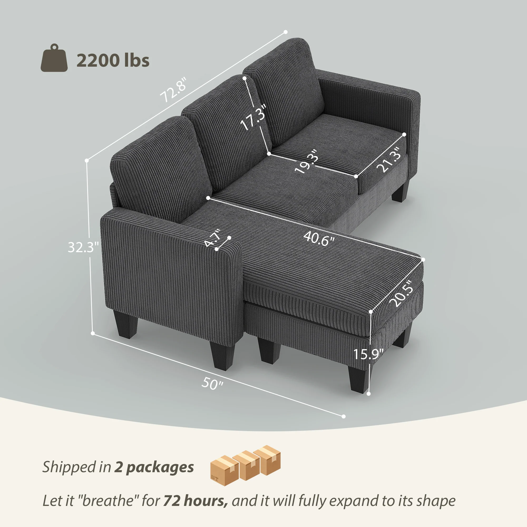 73" L-Shaped Sectional Sofa with Reversible Chaise, 3 Seat, 2200lb Capacity, Dark Gray - Image 5