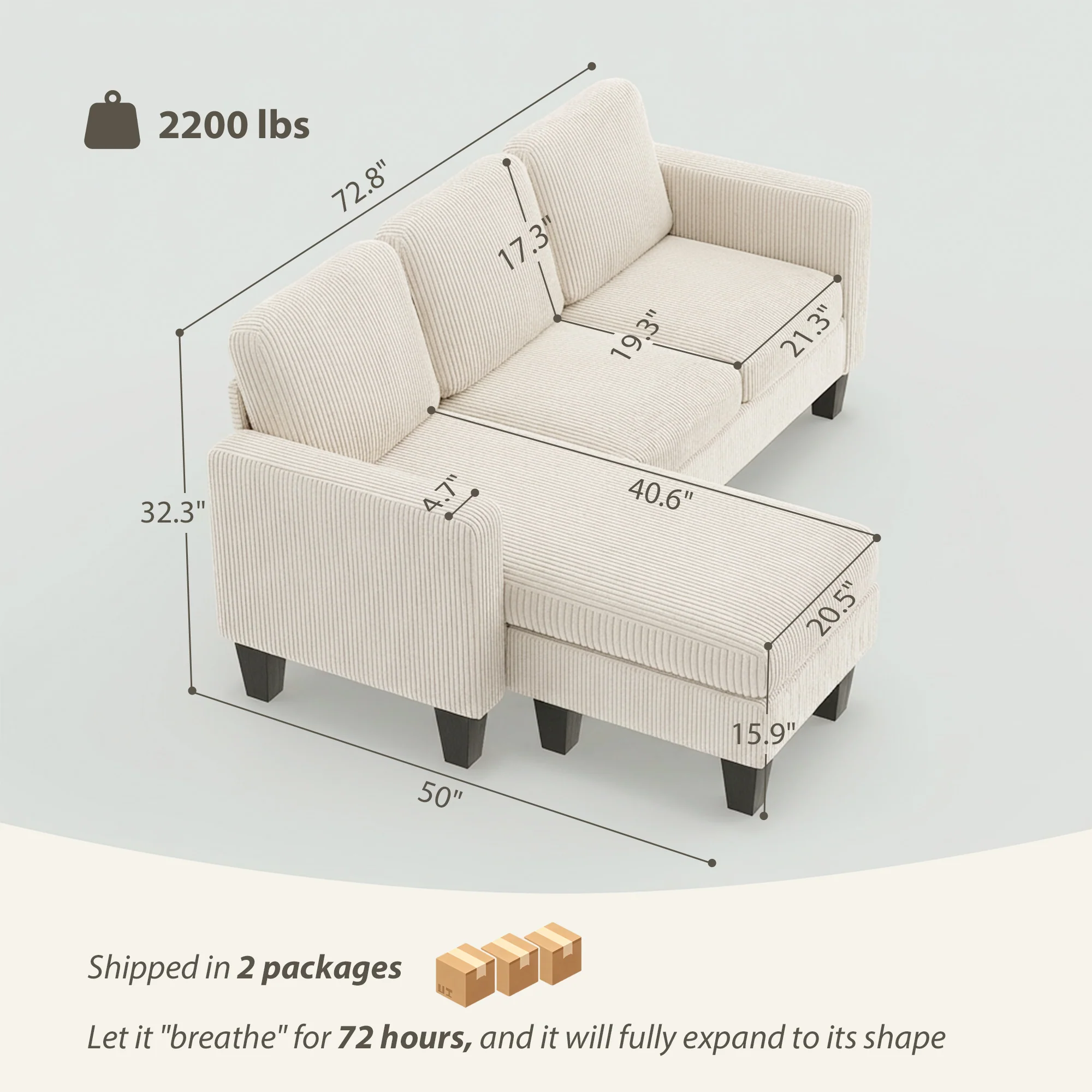 73" L-Shaped Sectional Sofa with Reversible Chaise, 3 Seat, 2200lb Capacity, Cream White - Image 5