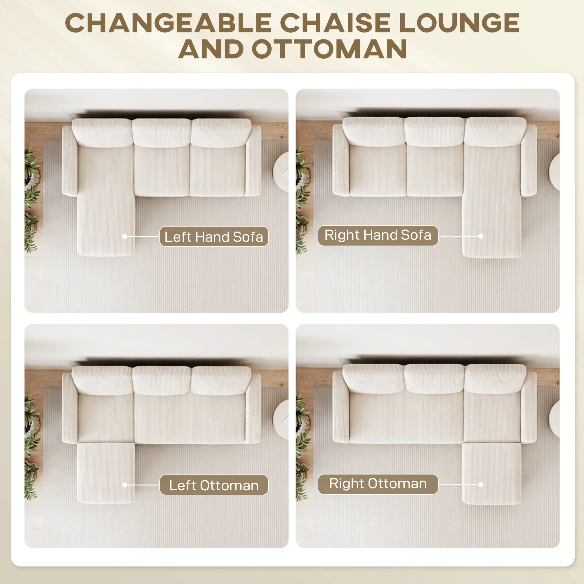 73" L-Shaped Sectional Sofa with Reversible Chaise, 3 Seat, 2200lb Capacity, Cream White - Image 6