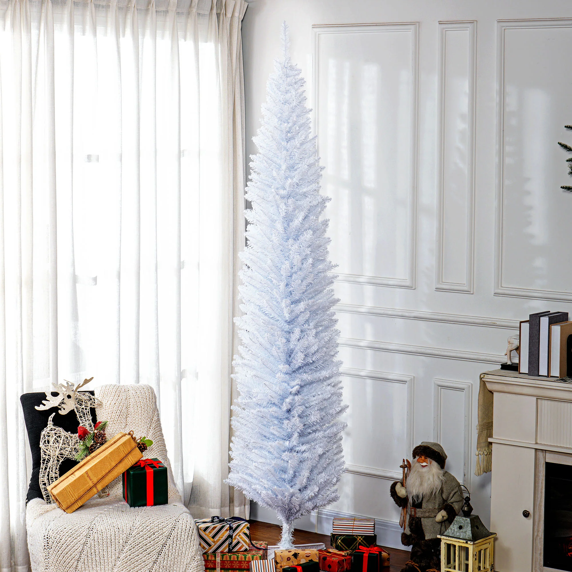 8ft Pencil Artificial Christmas Tree with Realistic Branches,618 Tips,Plastic Base,White - Image 3