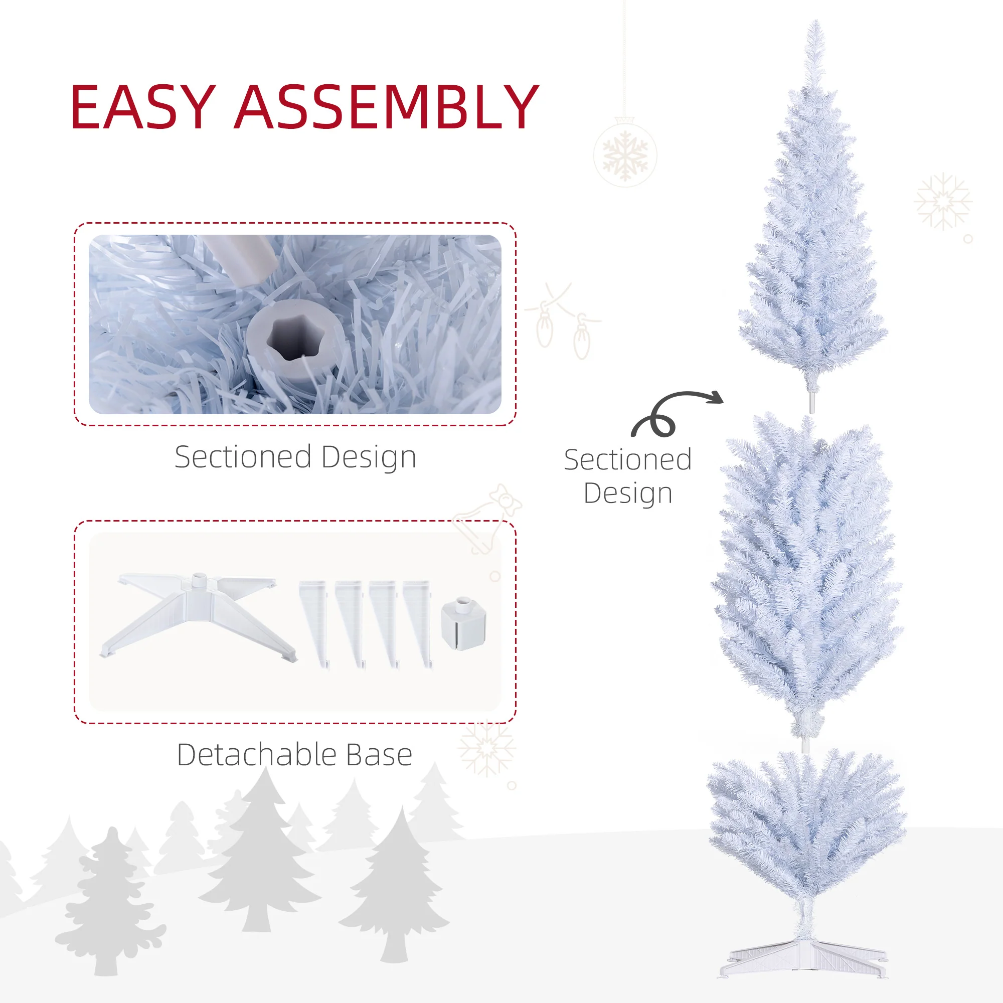 8ft Pencil Artificial Christmas Tree with Realistic Branches,618 Tips,Plastic Base,White - Image 9