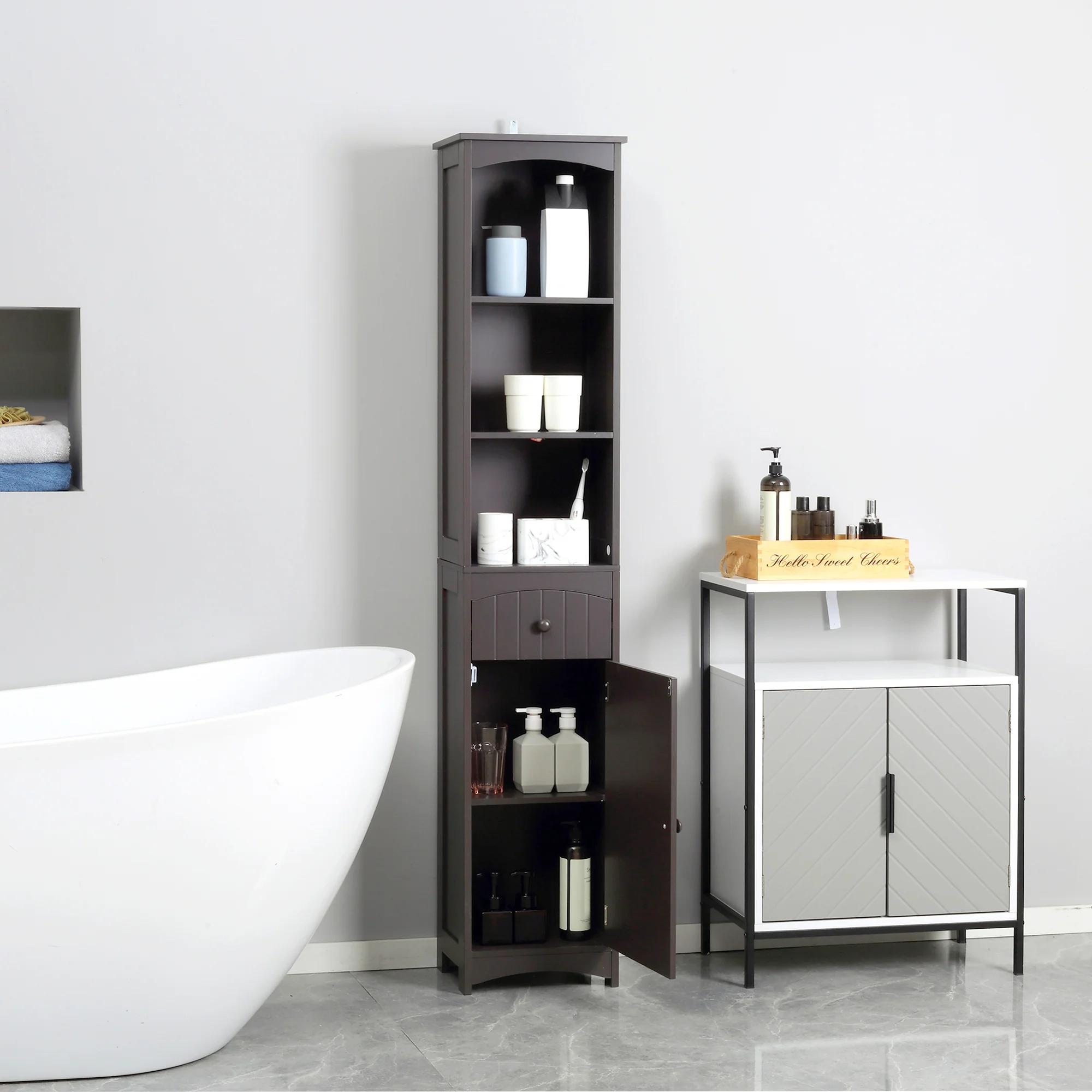 Bathroom Storage Cabinet, Tall Linen Tower with 3 Tier Shelves and Drawer, Brown - Image 3