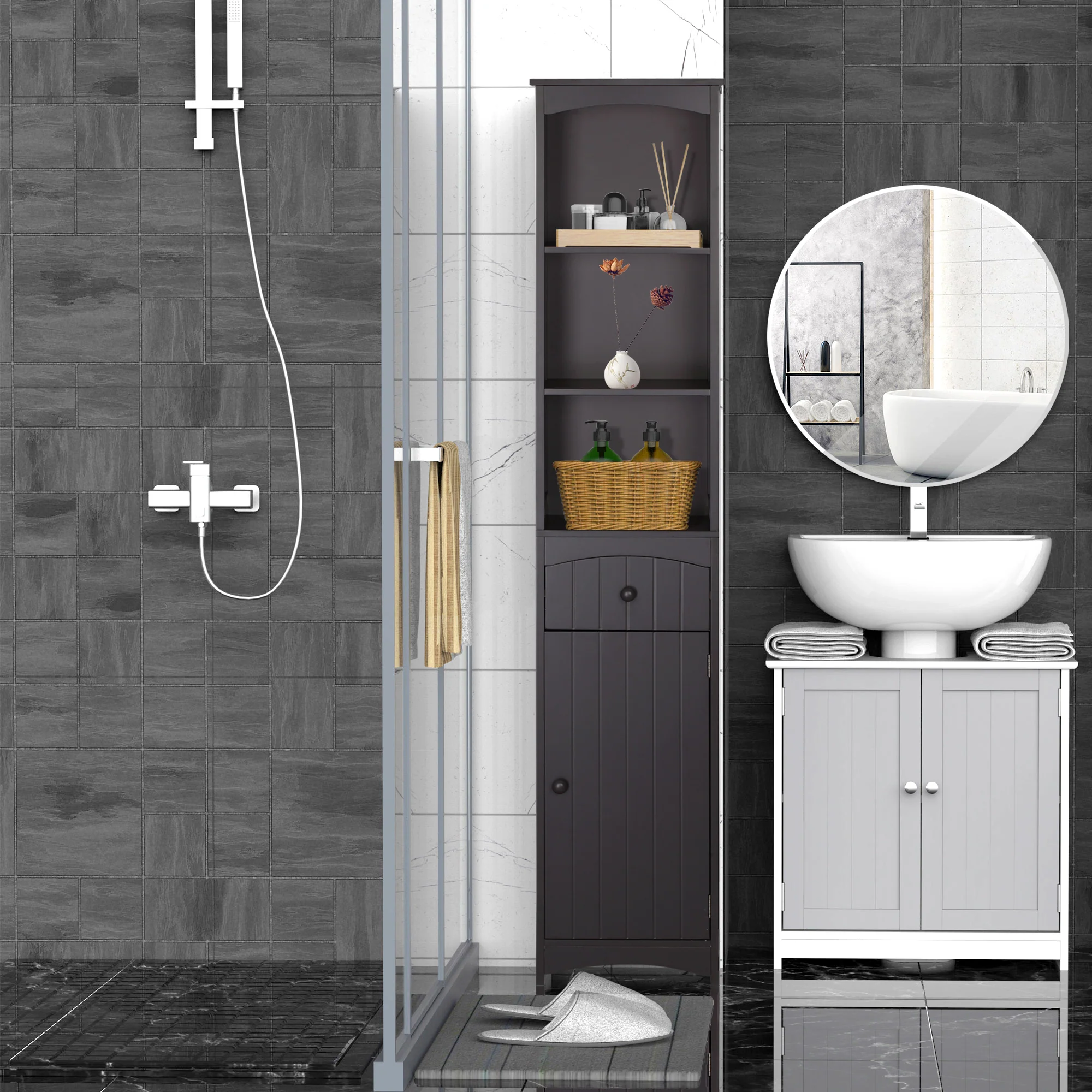 Bathroom Storage Cabinet, Tall Linen Tower with 3 Tier Shelves and Drawer, Brown - Image 4