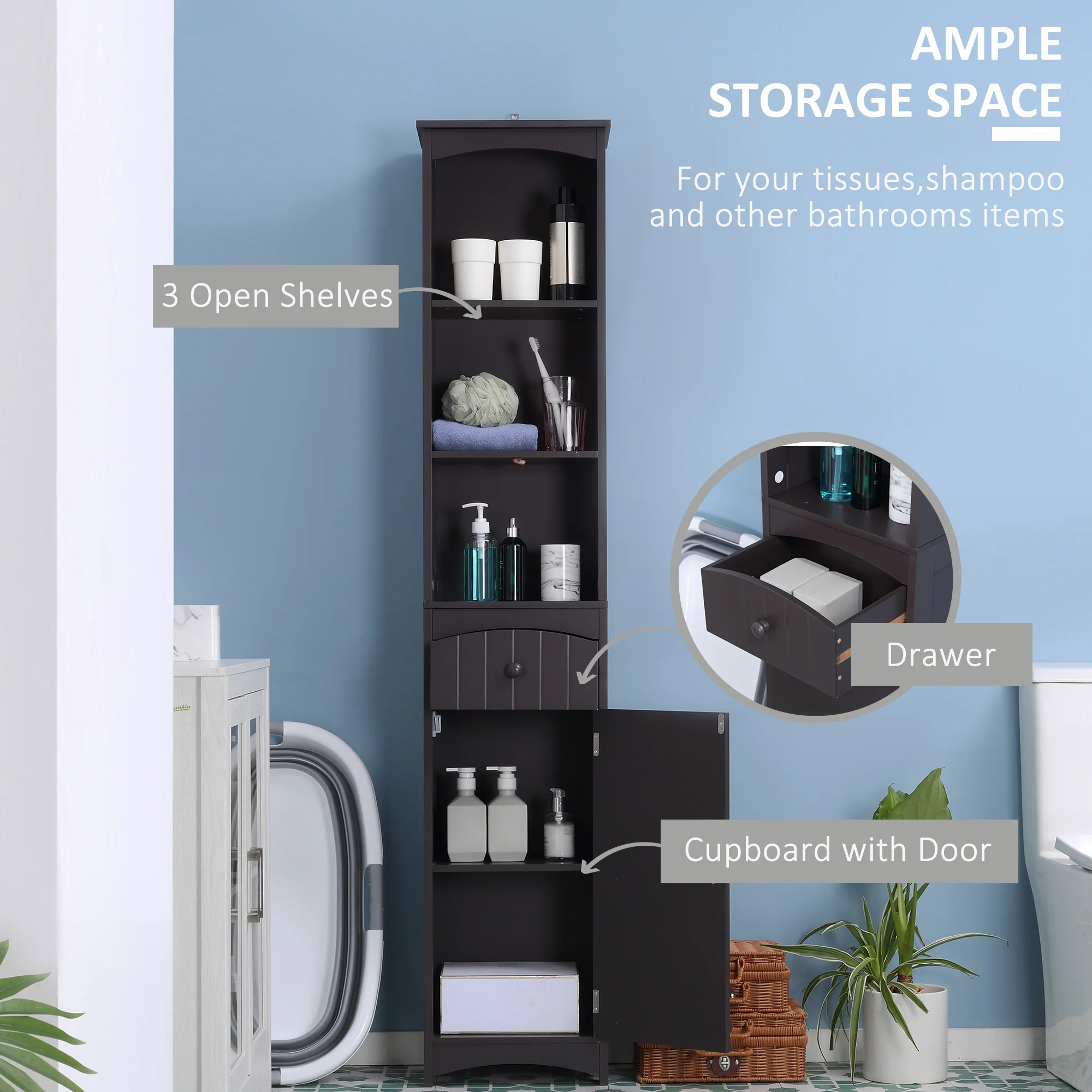 Bathroom Storage Cabinet, Tall Linen Tower with 3 Tier Shelves and Drawer, Brown - Image 6