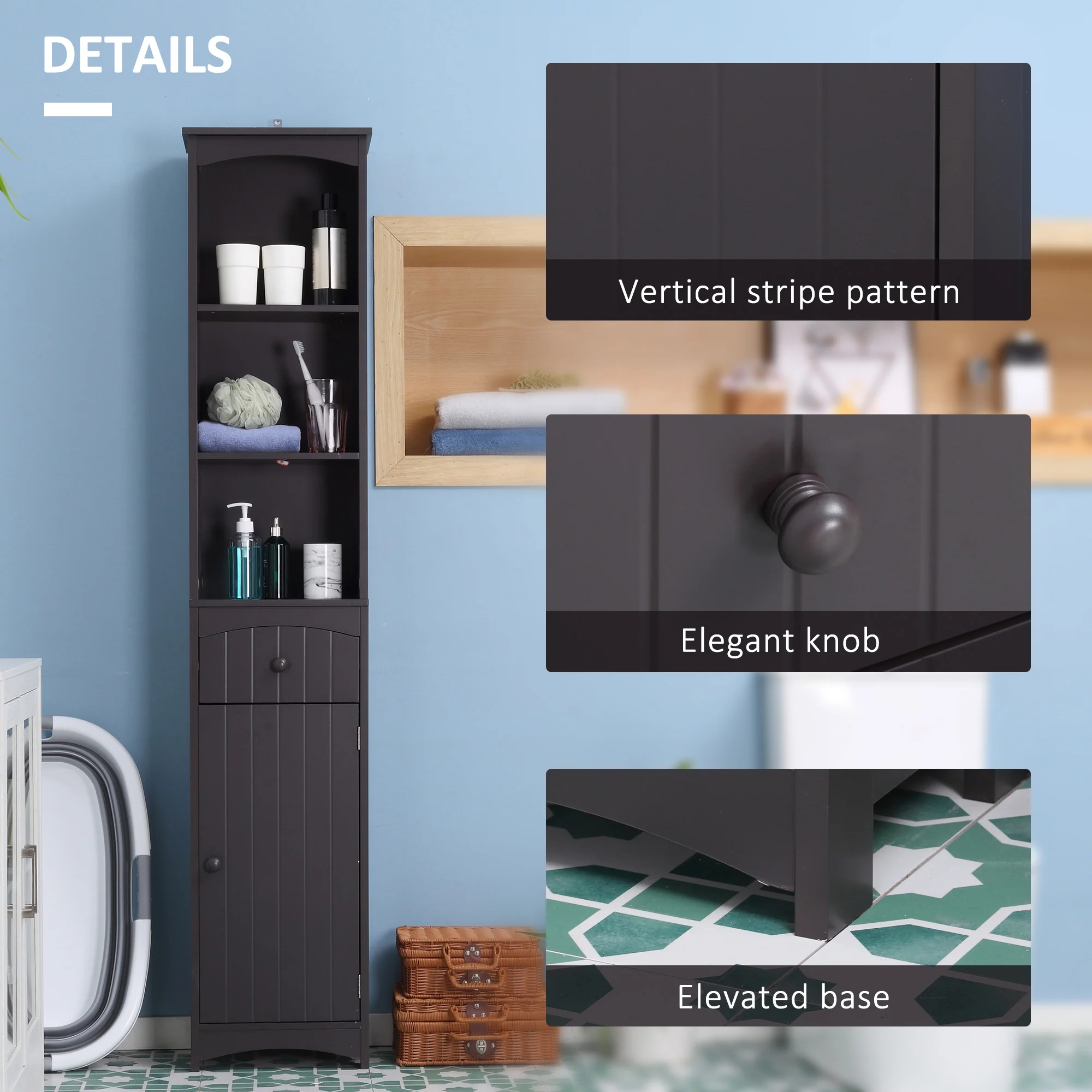 Bathroom Storage Cabinet, Tall Linen Tower with 3 Tier Shelves and Drawer, Brown - Image 7