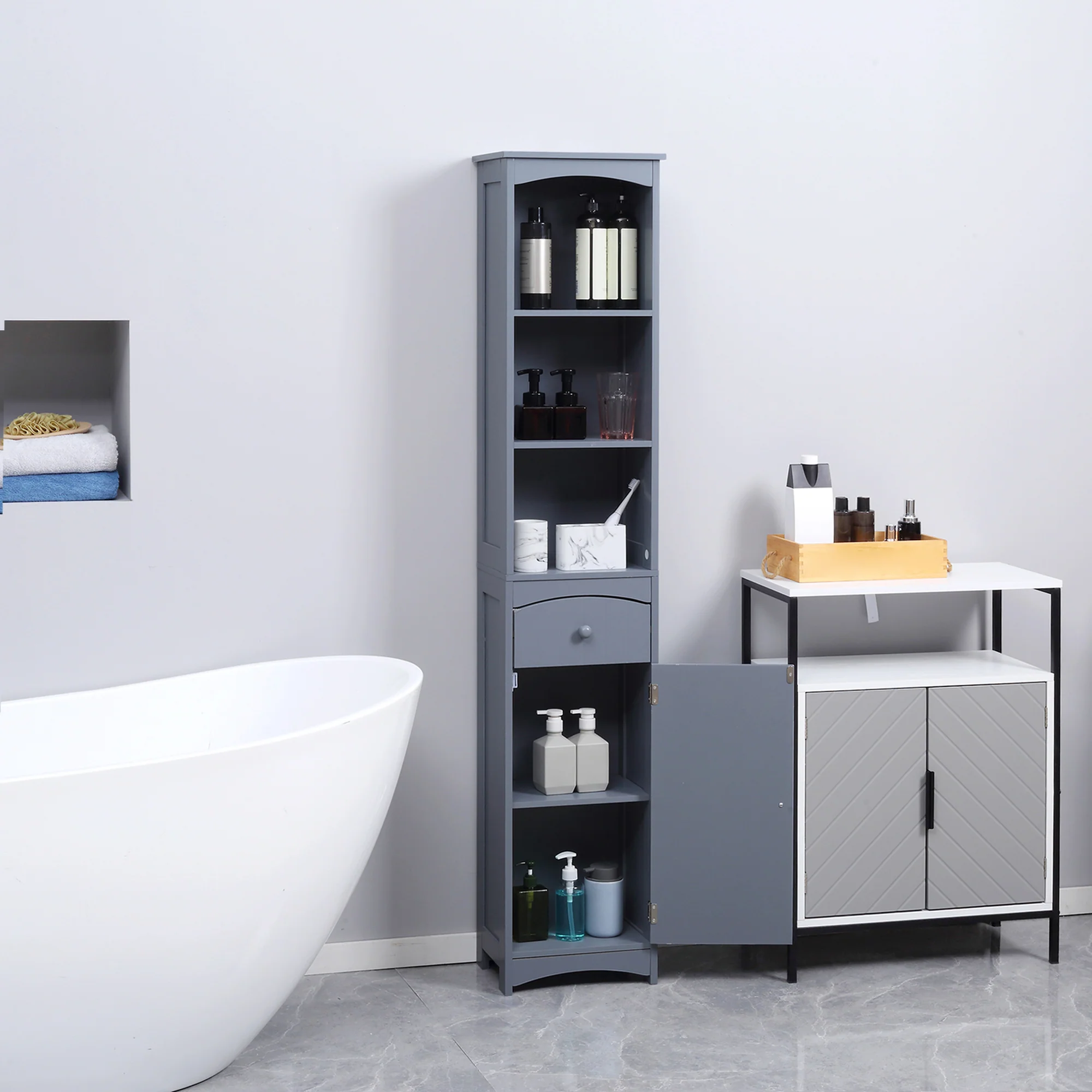 Bathroom Storage Cabinet, Tall Linen Tower with 3 Tier Shelves and Drawer, Grey - Image 3