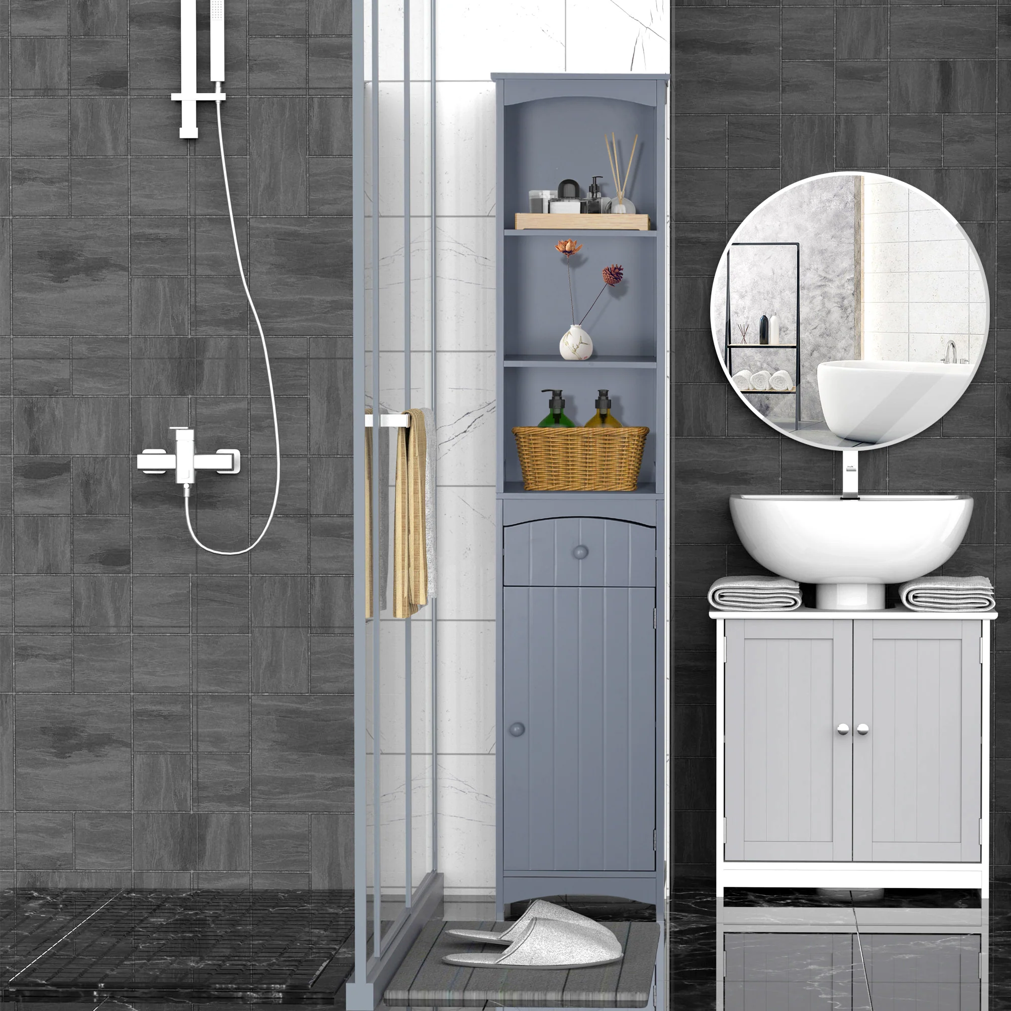 Bathroom Storage Cabinet, Tall Linen Tower with 3 Tier Shelves and Drawer, Grey - Image 4