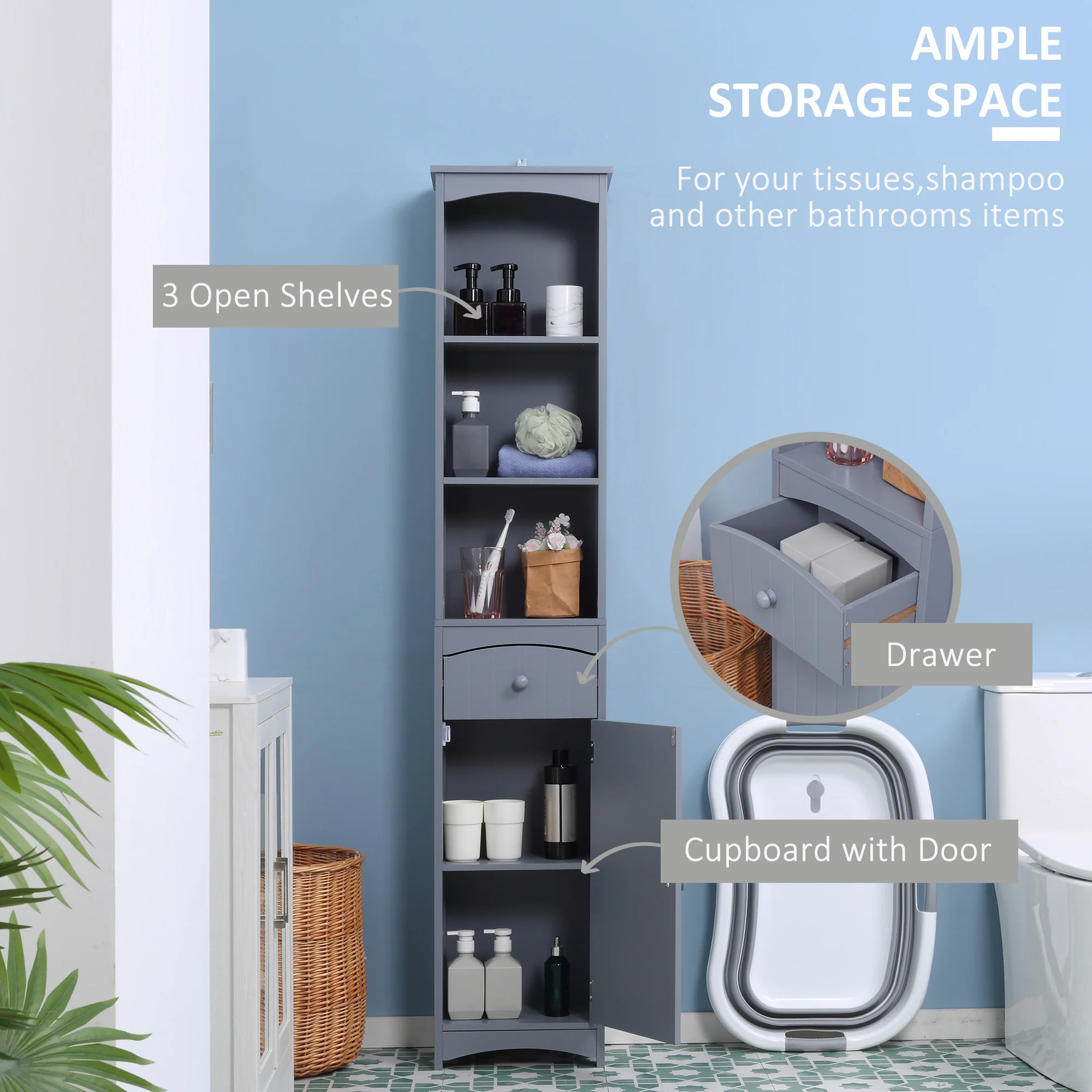 Bathroom Storage Cabinet, Tall Linen Tower with 3 Tier Shelves and Drawer, Grey - Image 6