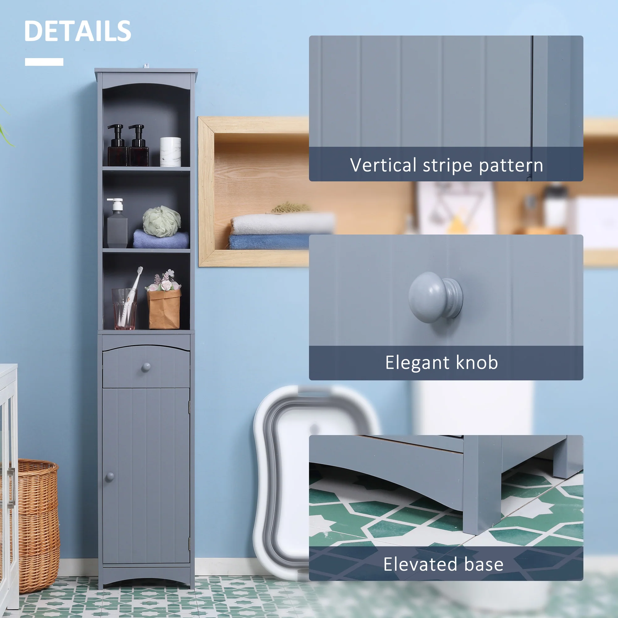 Bathroom Storage Cabinet, Tall Linen Tower with 3 Tier Shelves and Drawer, Grey - Image 7