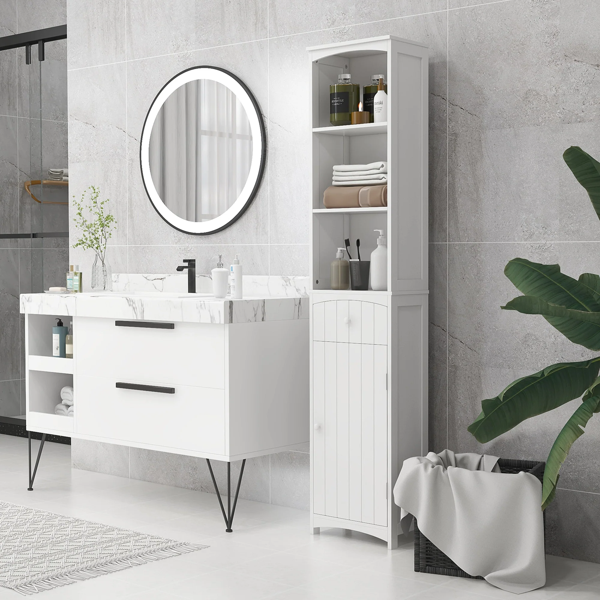Bathroom Storage Cabinet, Tall Linen Tower with 3 Tier Shelves and Drawer, White - Image 10