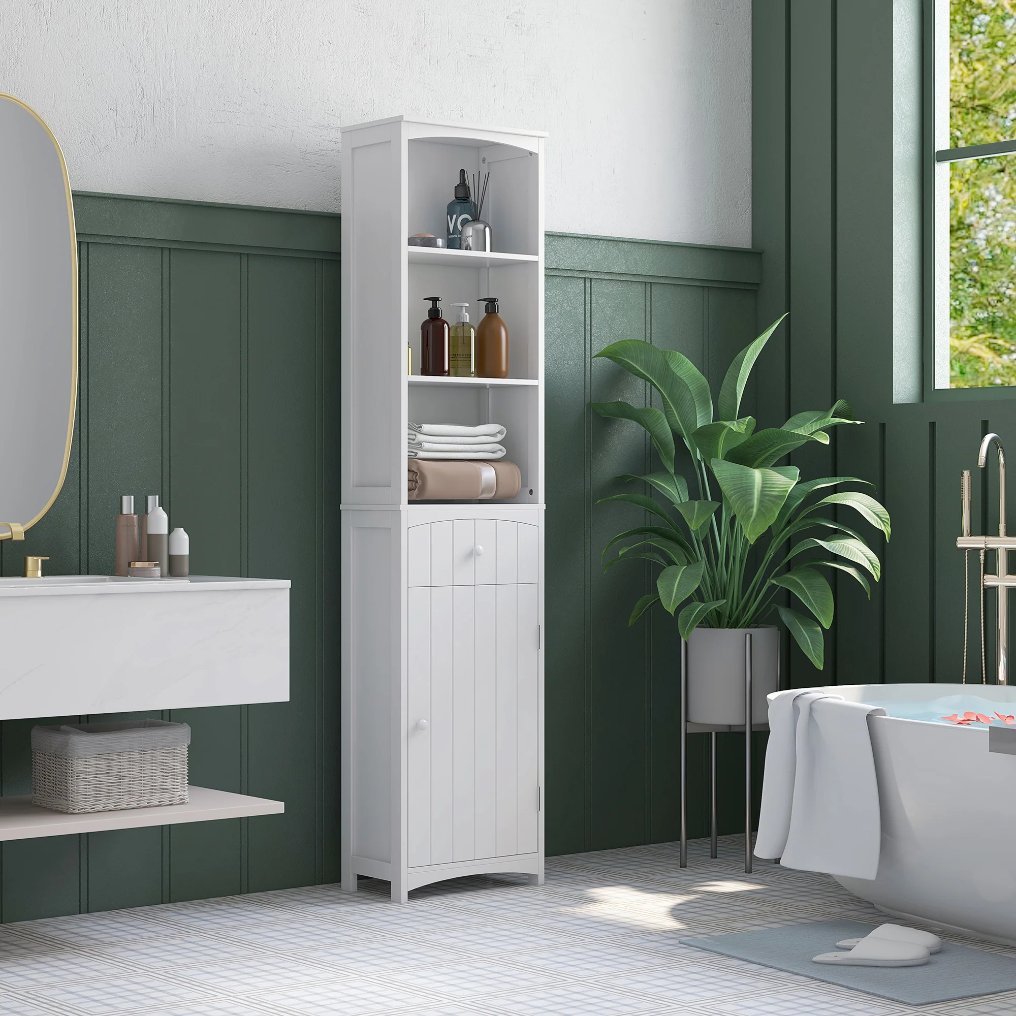 Bathroom Storage Cabinet, Tall Linen Tower with 3 Tier Shelves and Drawer, White - Image 3