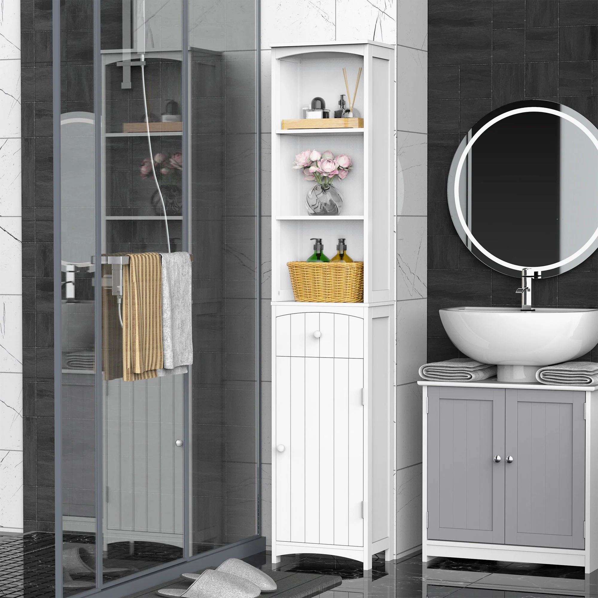 Bathroom Storage Cabinet, Tall Linen Tower with 3 Tier Shelves and Drawer, White - Image 4