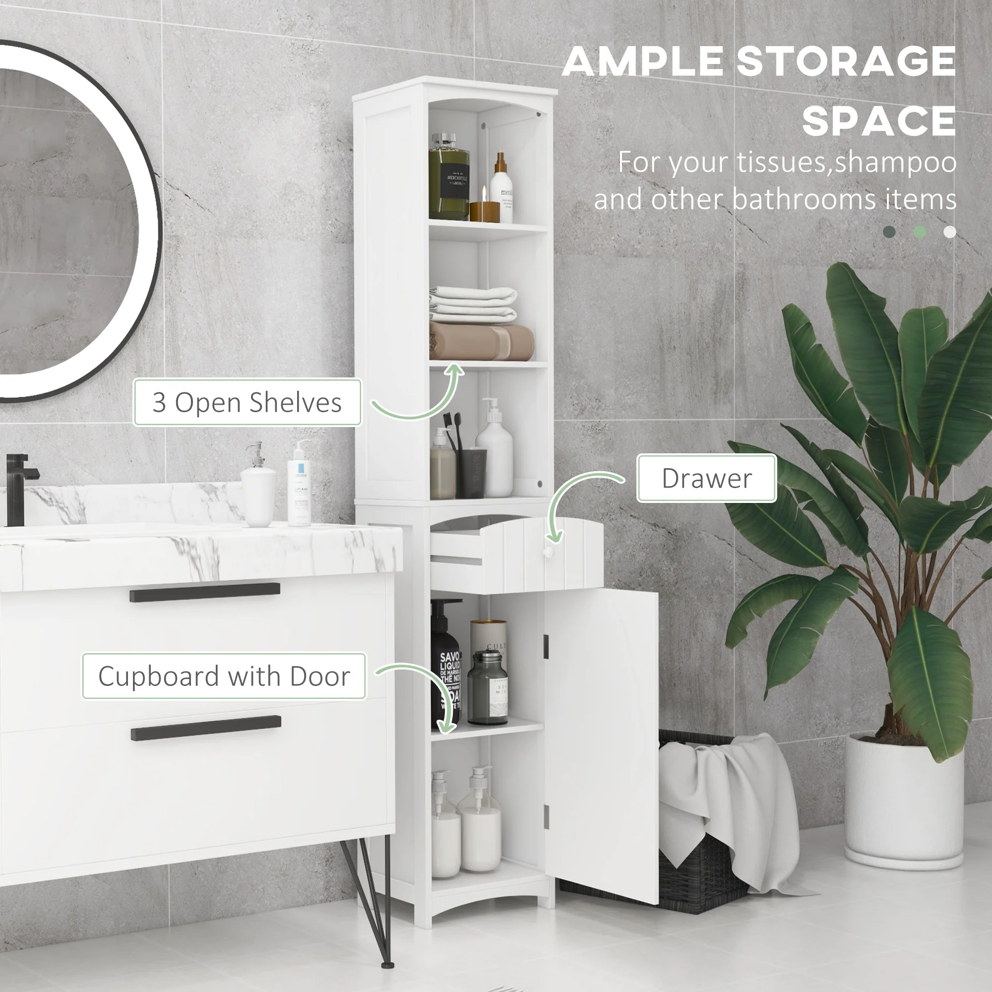 Bathroom Storage Cabinet, Tall Linen Tower with 3 Tier Shelves and Drawer, White - Image 6