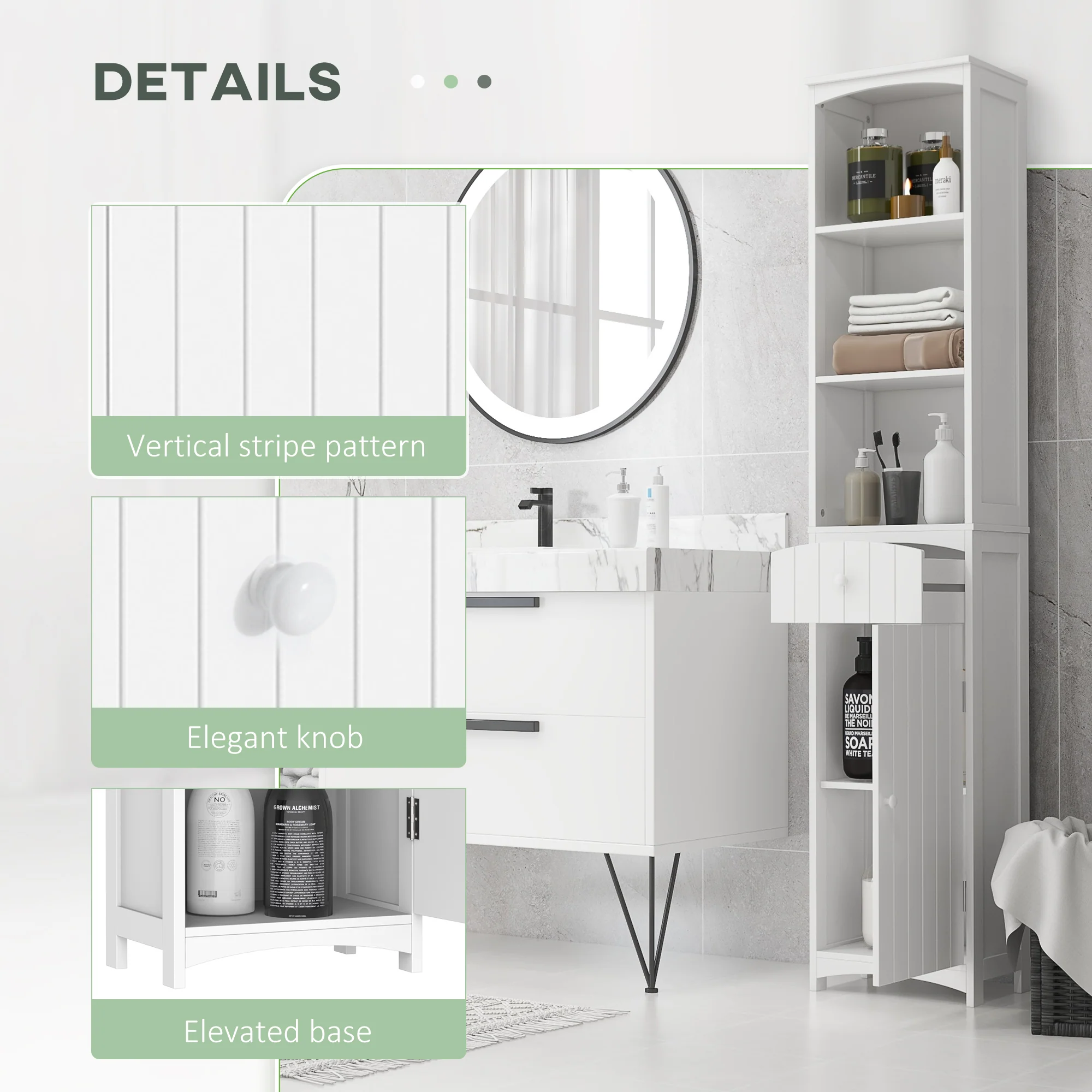Bathroom Storage Cabinet, Tall Linen Tower with 3 Tier Shelves and Drawer, White - Image 7