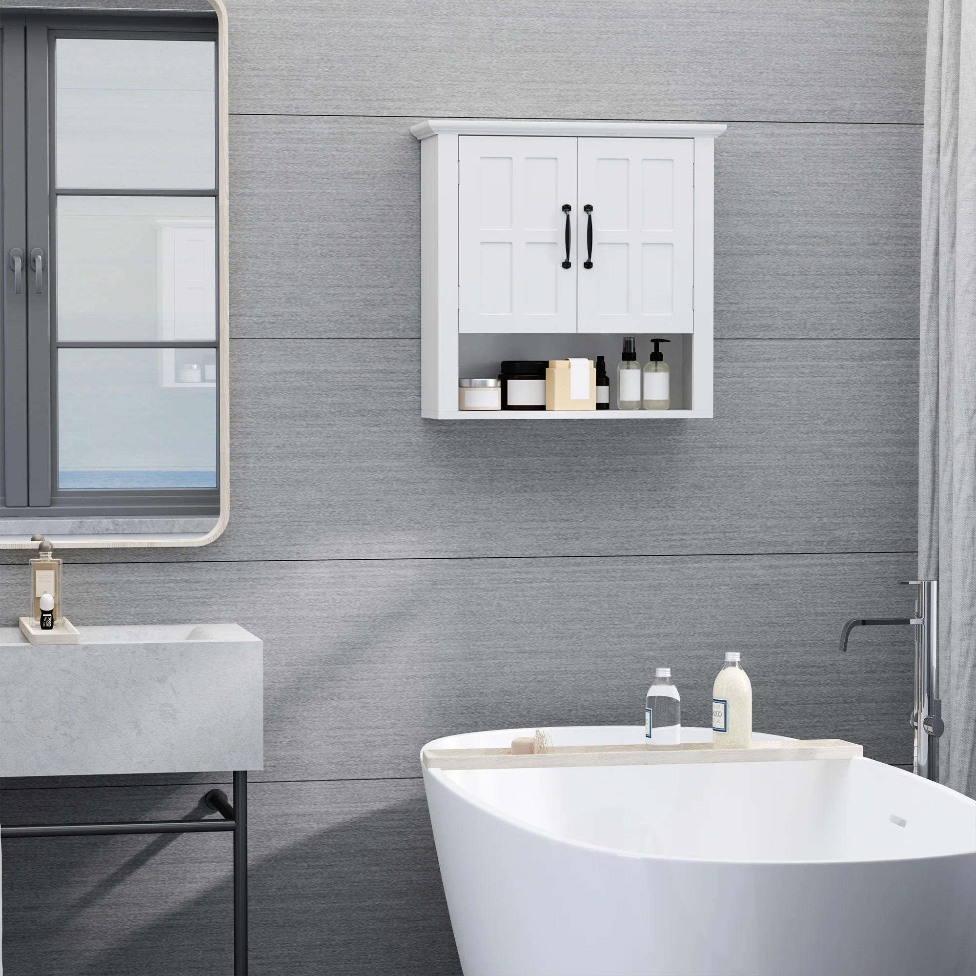 2-Door Adjustable Shelf Wall Cabinet, Medicine Cabinet for Bathroom and Kitchen, White - Image 3