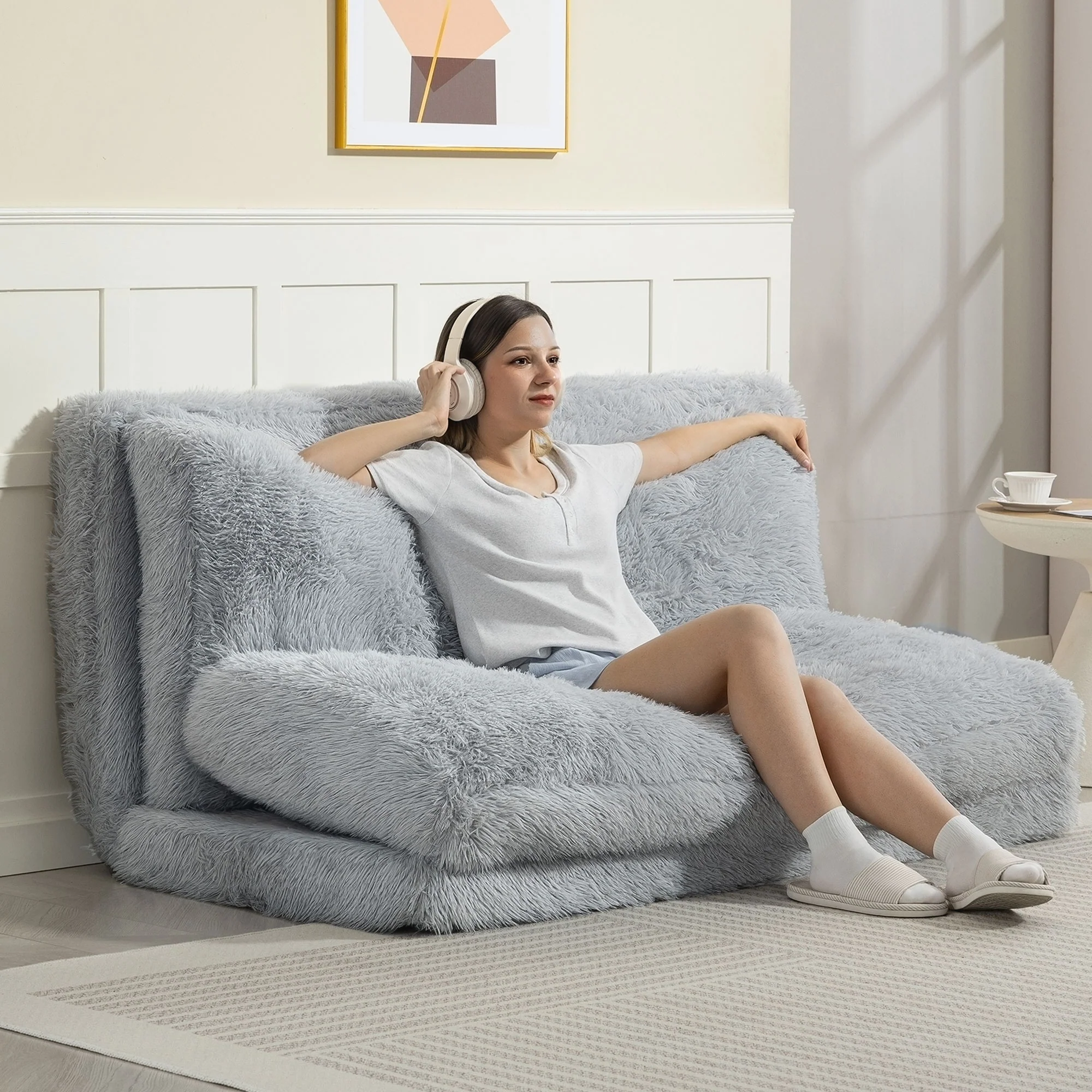 Bean Bag Floor Sofa Bed, Plush Wide Folding Floor Mattress, Wall Couch Sleeper, Light Gray - Image 3
