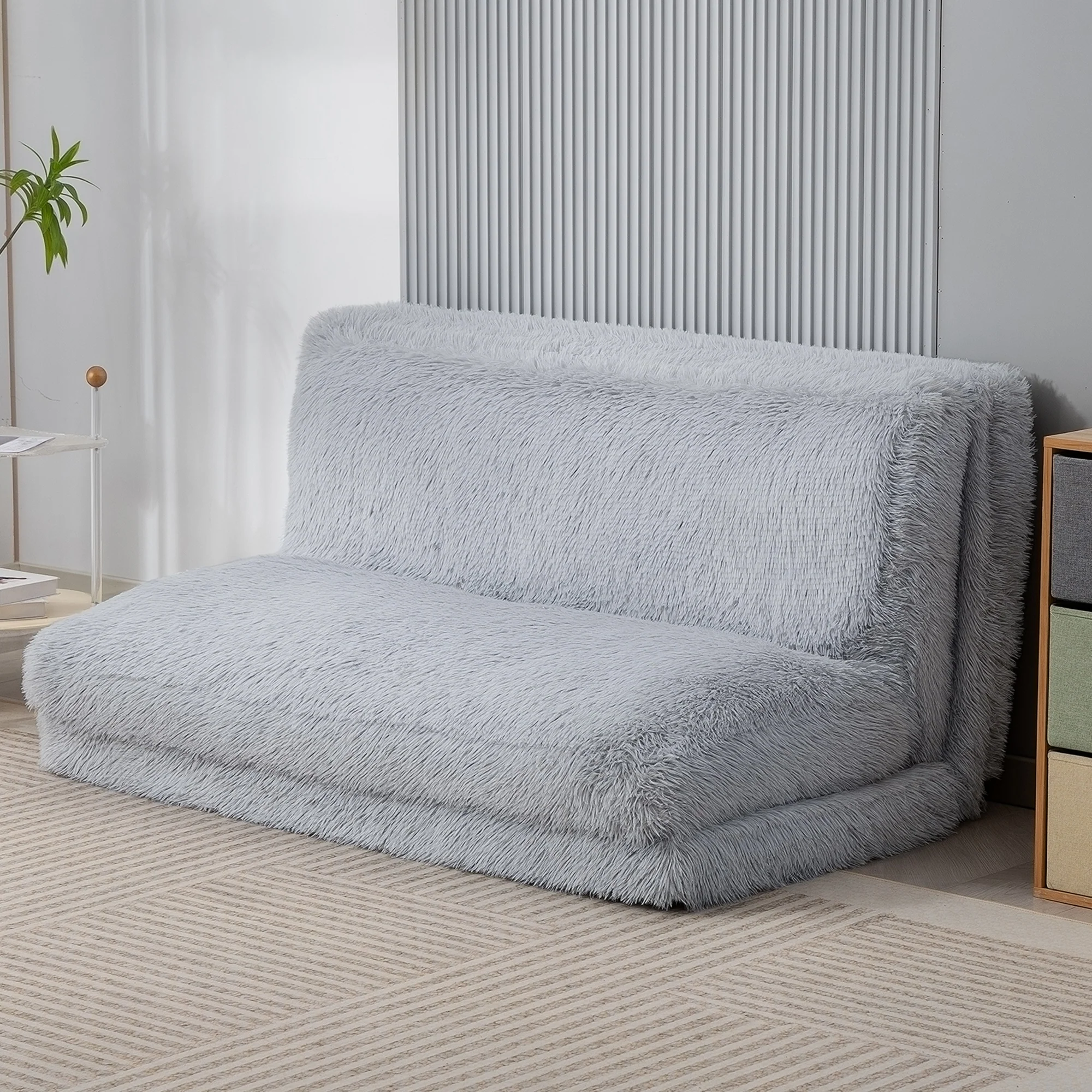 Bean Bag Floor Sofa Bed, Plush Wide Folding Floor Mattress, Wall Couch Sleeper, Light Gray - Image 4