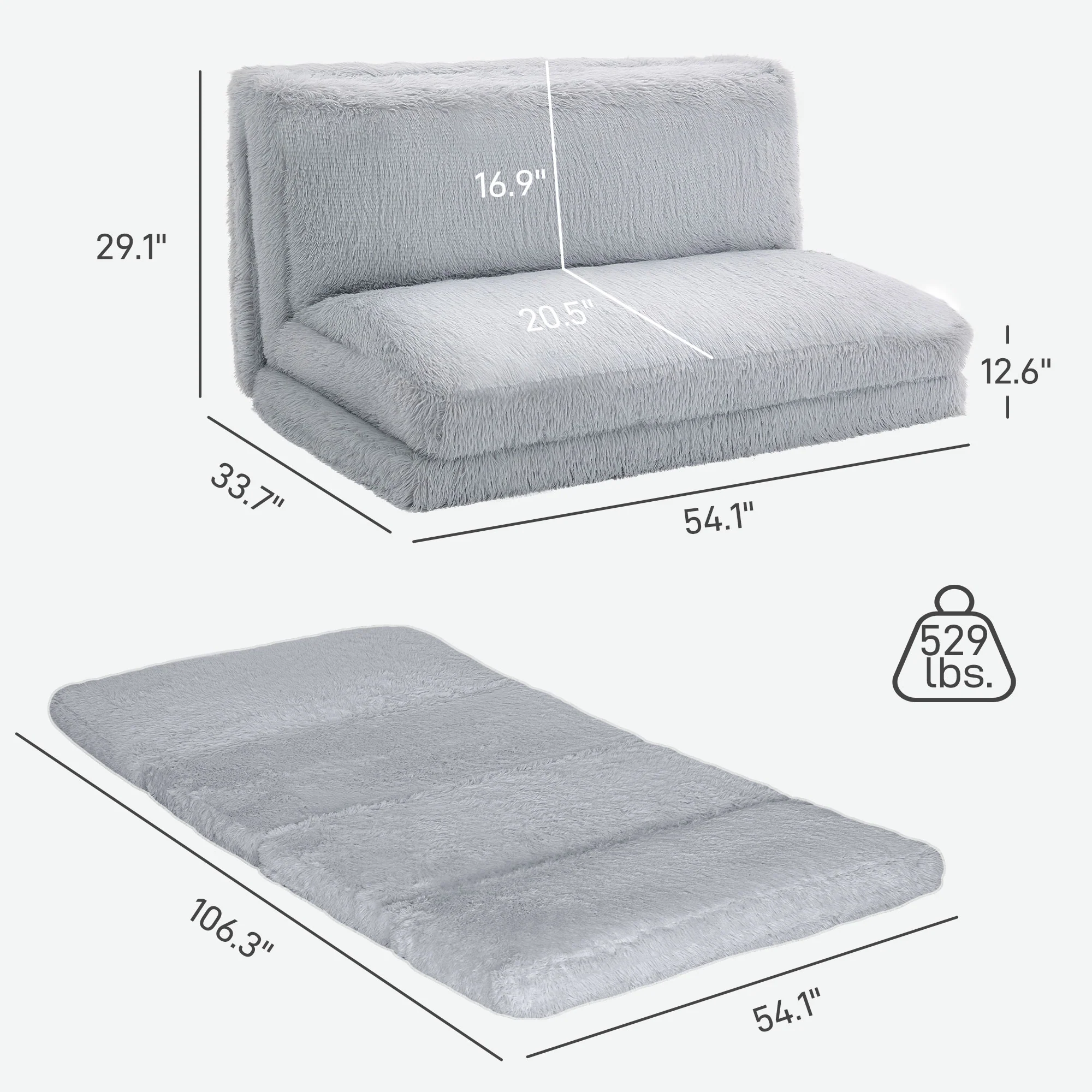 Bean Bag Floor Sofa Bed, Plush Wide Folding Floor Mattress, Wall Couch Sleeper, Light Gray - Image 5