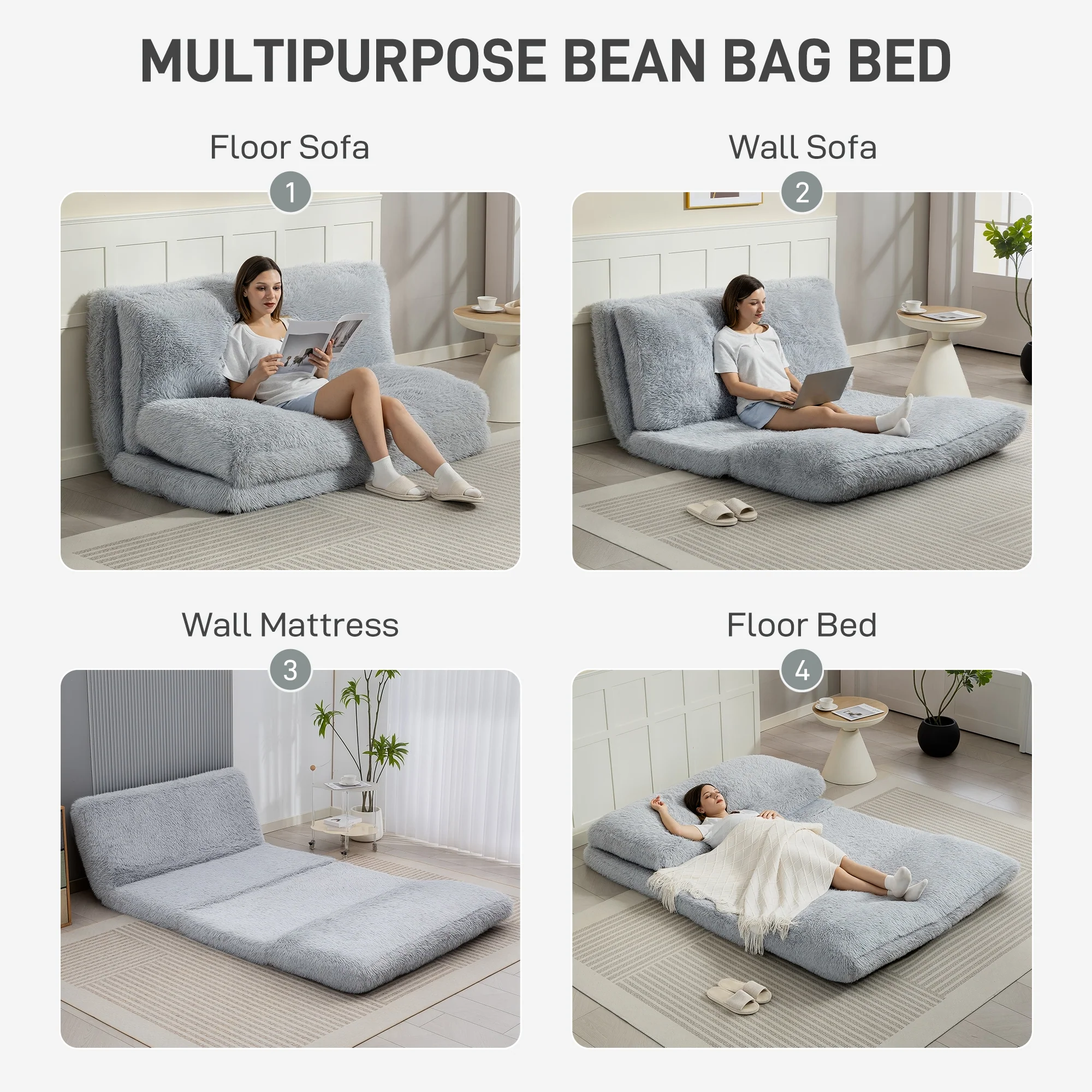 Bean Bag Floor Sofa Bed, Plush Wide Folding Floor Mattress, Wall Couch Sleeper, Light Gray - Image 6