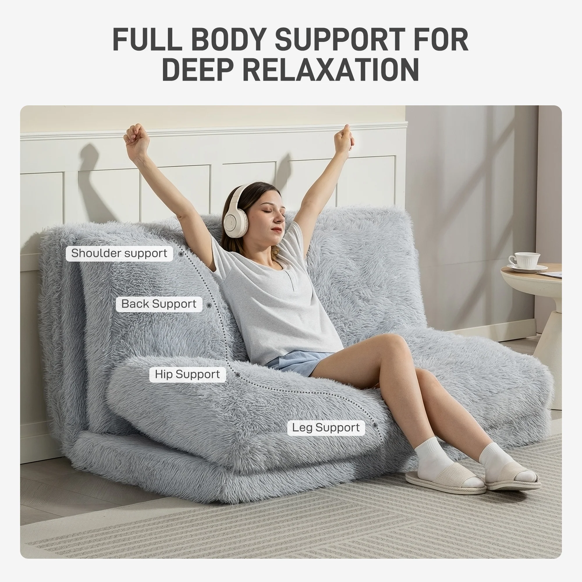 Bean Bag Floor Sofa Bed, Plush Wide Folding Floor Mattress, Wall Couch Sleeper, Light Gray - Image 7