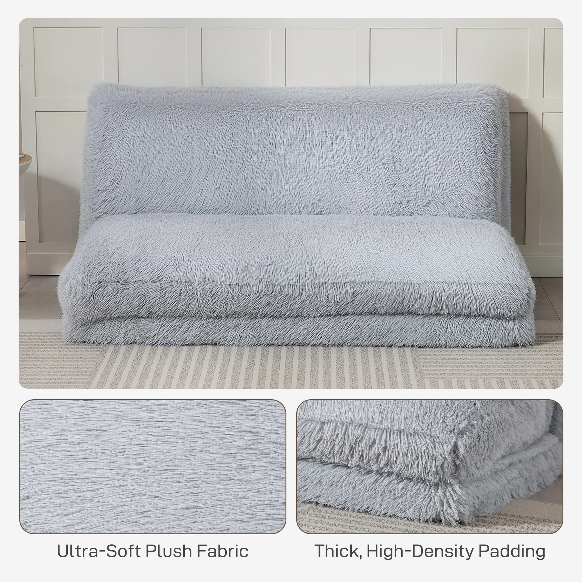 Bean Bag Floor Sofa Bed, Plush Wide Folding Floor Mattress, Wall Couch Sleeper, Light Gray - Image 8