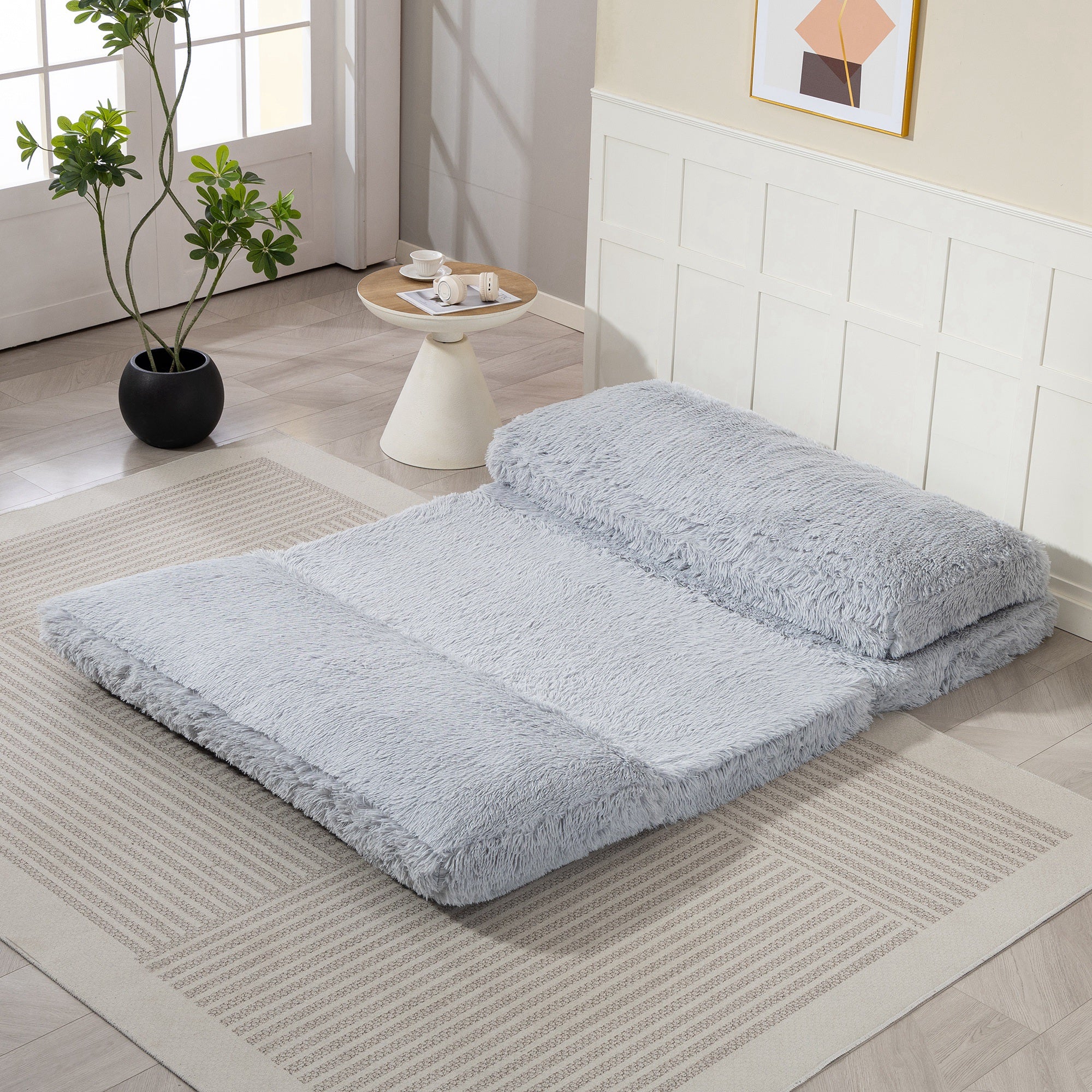 Bean Bag Floor Sofa Bed, Plush Wide Folding Floor Mattress, Wall Couch Sleeper, Light Gray - Image 9