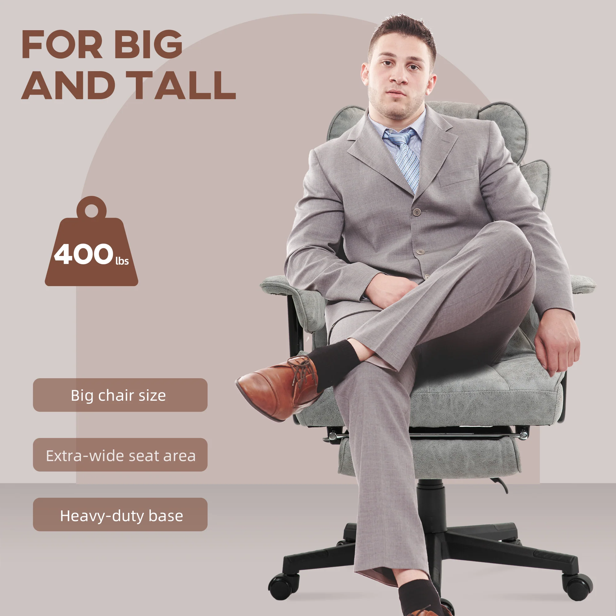 396 lbs Big & Tall Office Chair with Footrest Lumbar Support & Reclining, Gray - Image 6